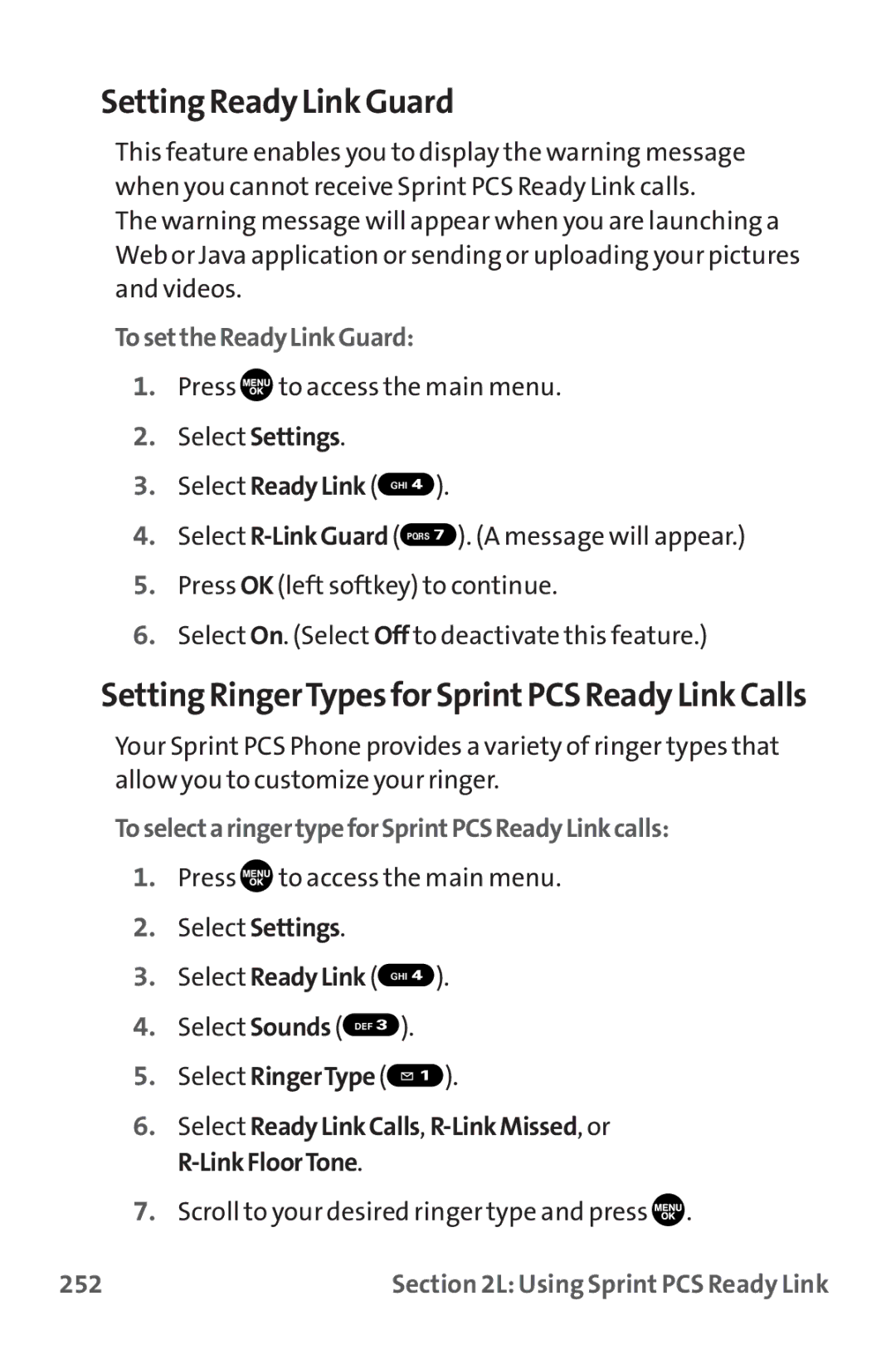 Sanyo MM-9000 Setting Ready Link Guard, Setting RingerTypesfor SprintPCS Ready Link Calls, TosettheReadyLinkGuard, 252 