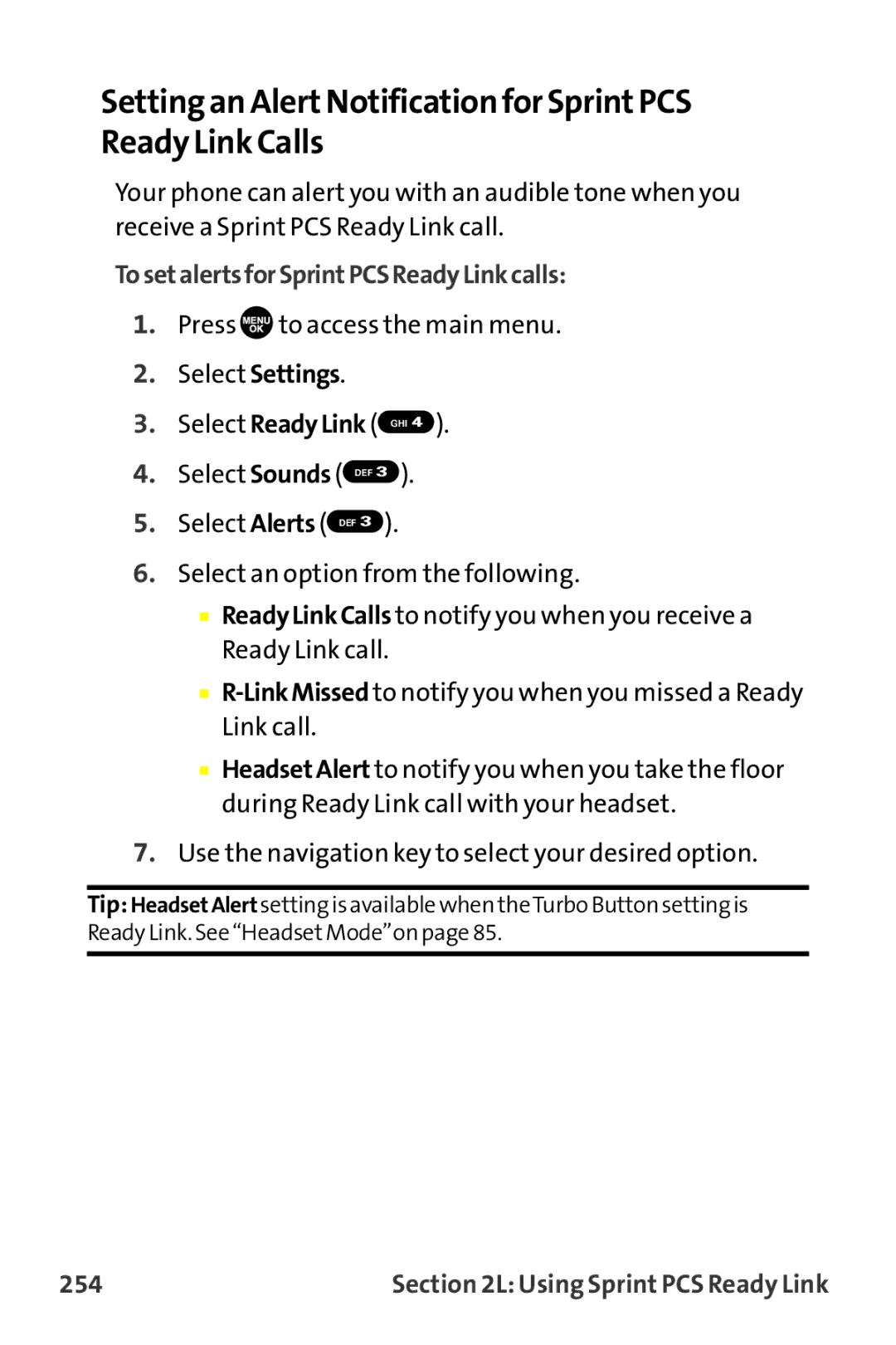 Sanyo MM-9000 manual Setting an AlertNotificationfor SprintPCS Ready Link Calls, TosetalertsforSprintPCSReadyLinkcalls, 254 