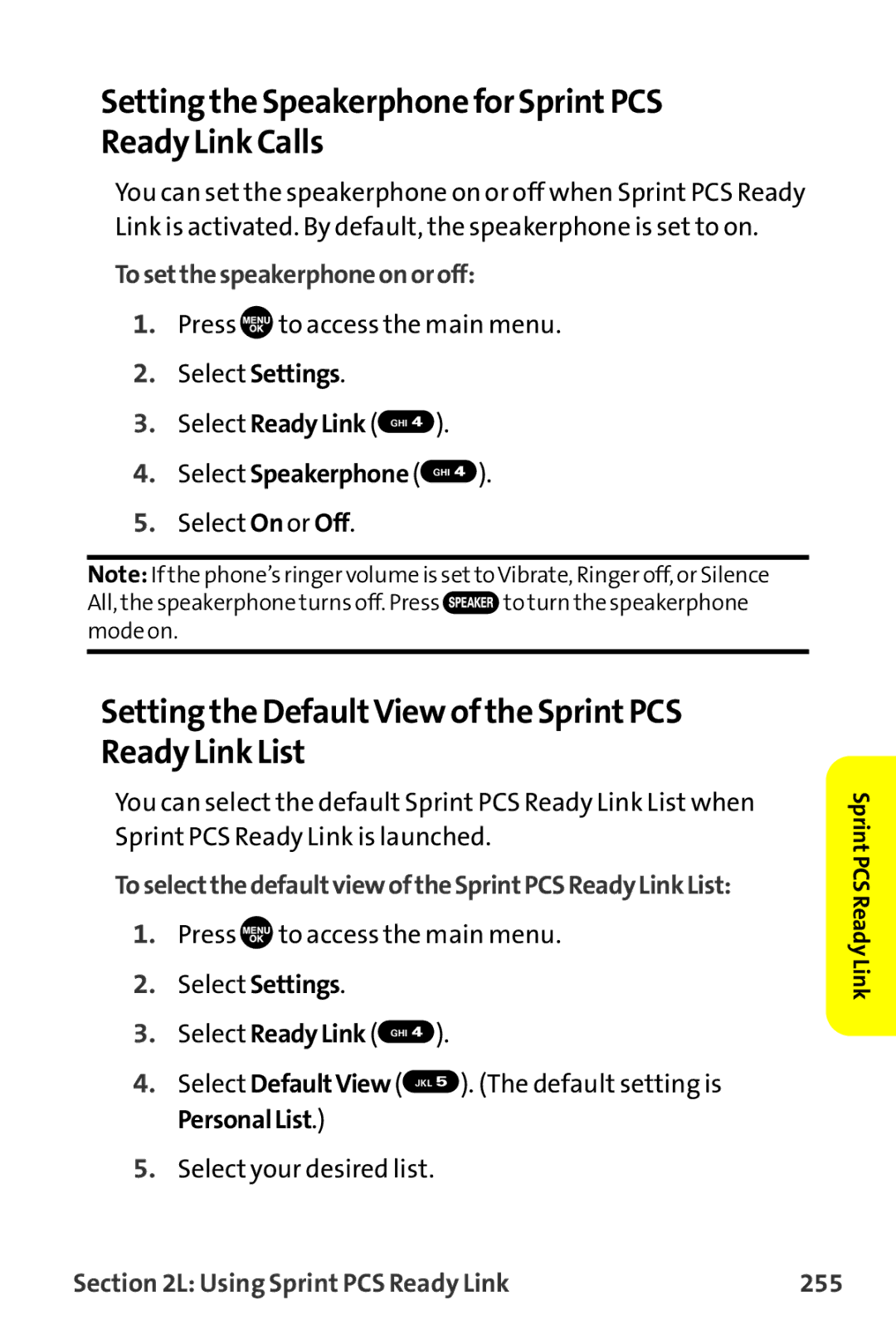 Sanyo MM-9000 manual Setting the Speakerphone for SprintPCS Ready Link Calls, Select Speakerphone GHI 