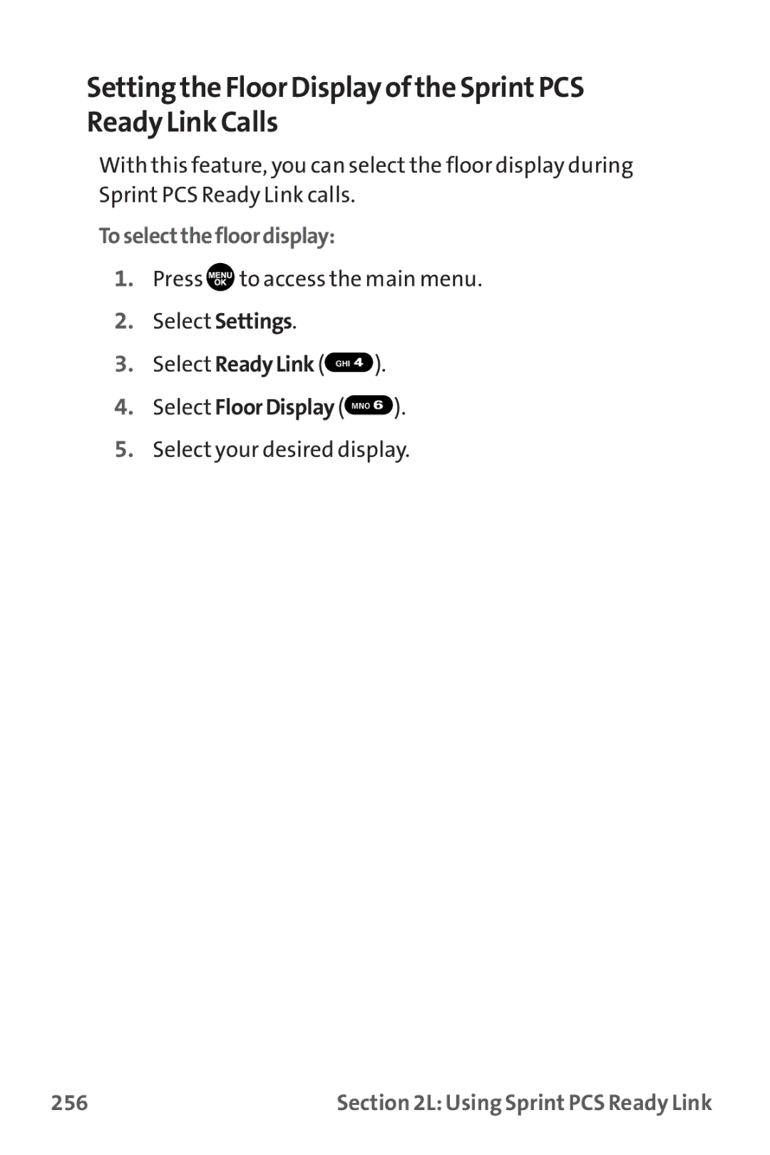 Sanyo MM-9000 manual Setting the Floor Display of the SprintPCS Ready Link Calls, Toselectthefloordisplay, 256 