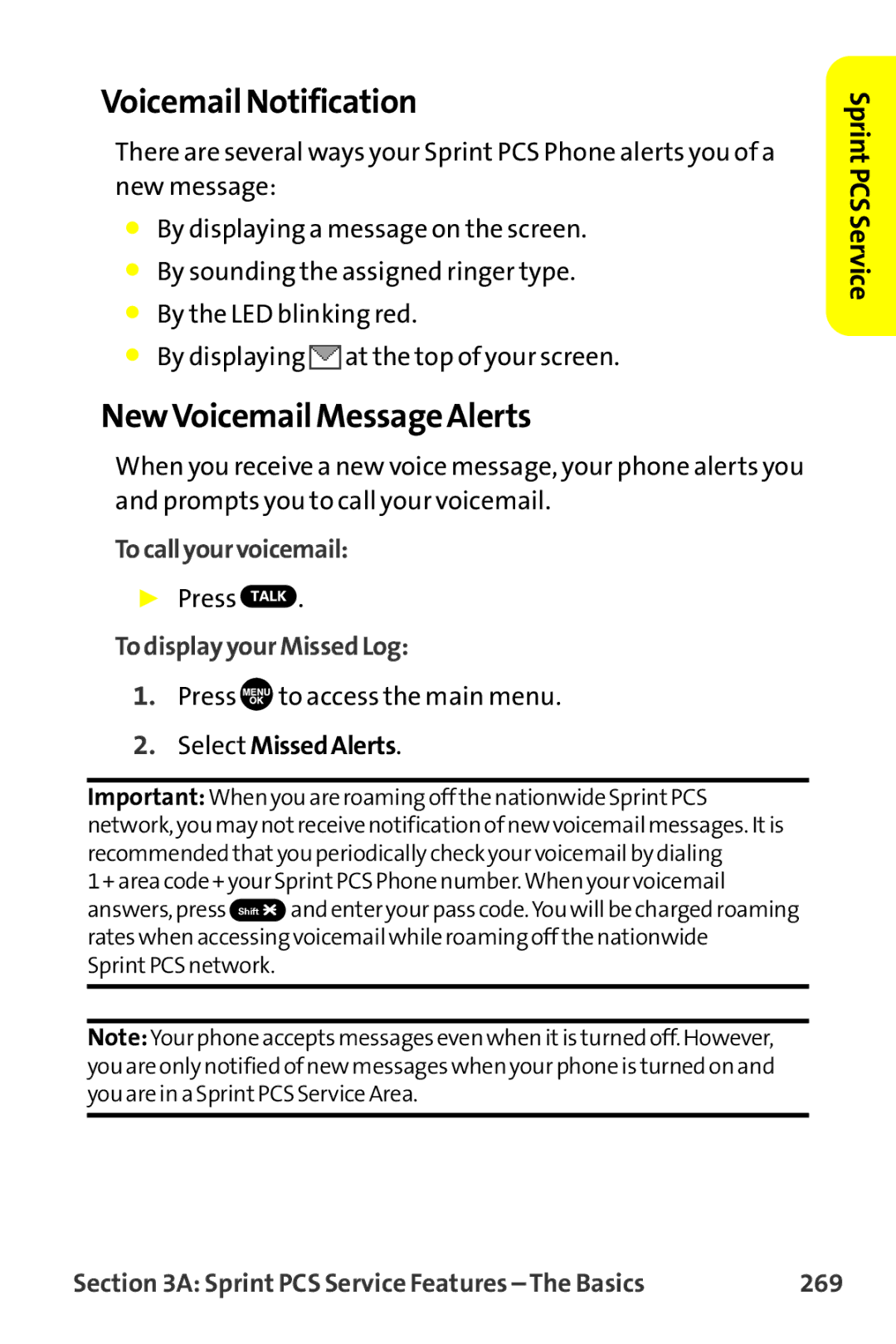 Sanyo MM-9000 Voicemail Notification, NewVoicemail Message Alerts, Tocallyourvoicemail, To display your Missed Log, 269 