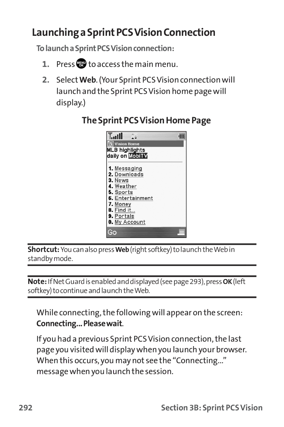 Sanyo MM-9000 manual Launchinga SprintPCSVision Connection, Sprint PCS Vision Home, TolaunchaSprintPCSVisionconnection, 292 