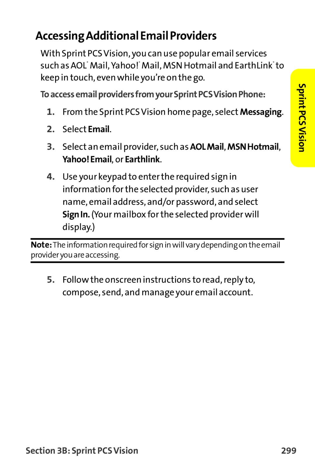 Sanyo MM-9000 manual Accessing Additional EmailProviders, Sprint PCS Vision 299 