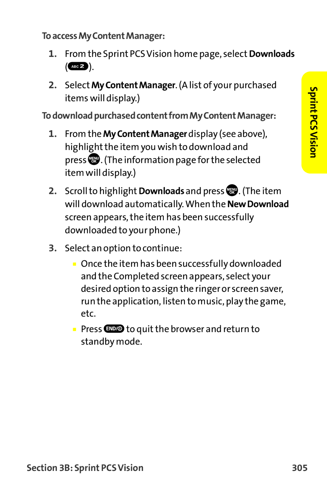 Sanyo MM-9000 manual ToaccessMyContentManager, TodownloadpurchasedcontentfromMyContentManager, Sprint PCS Vision 305 