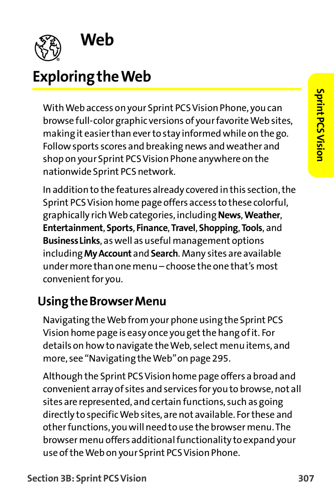 Sanyo MM-9000 manual Exploring the Web, Using the Browser Menu, Sprint PCS Vision 307 