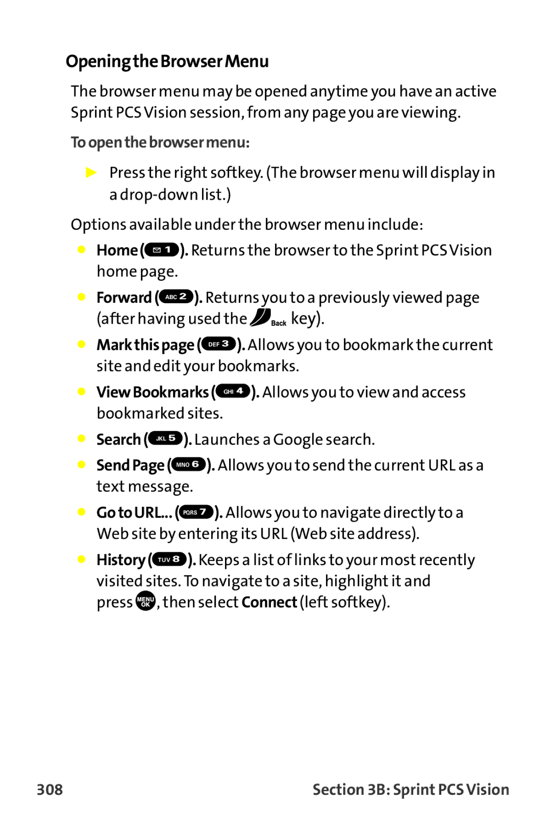 Sanyo MM-9000 manual OpeningtheBrowserMenu, Toopenthebrowsermenu, 308 