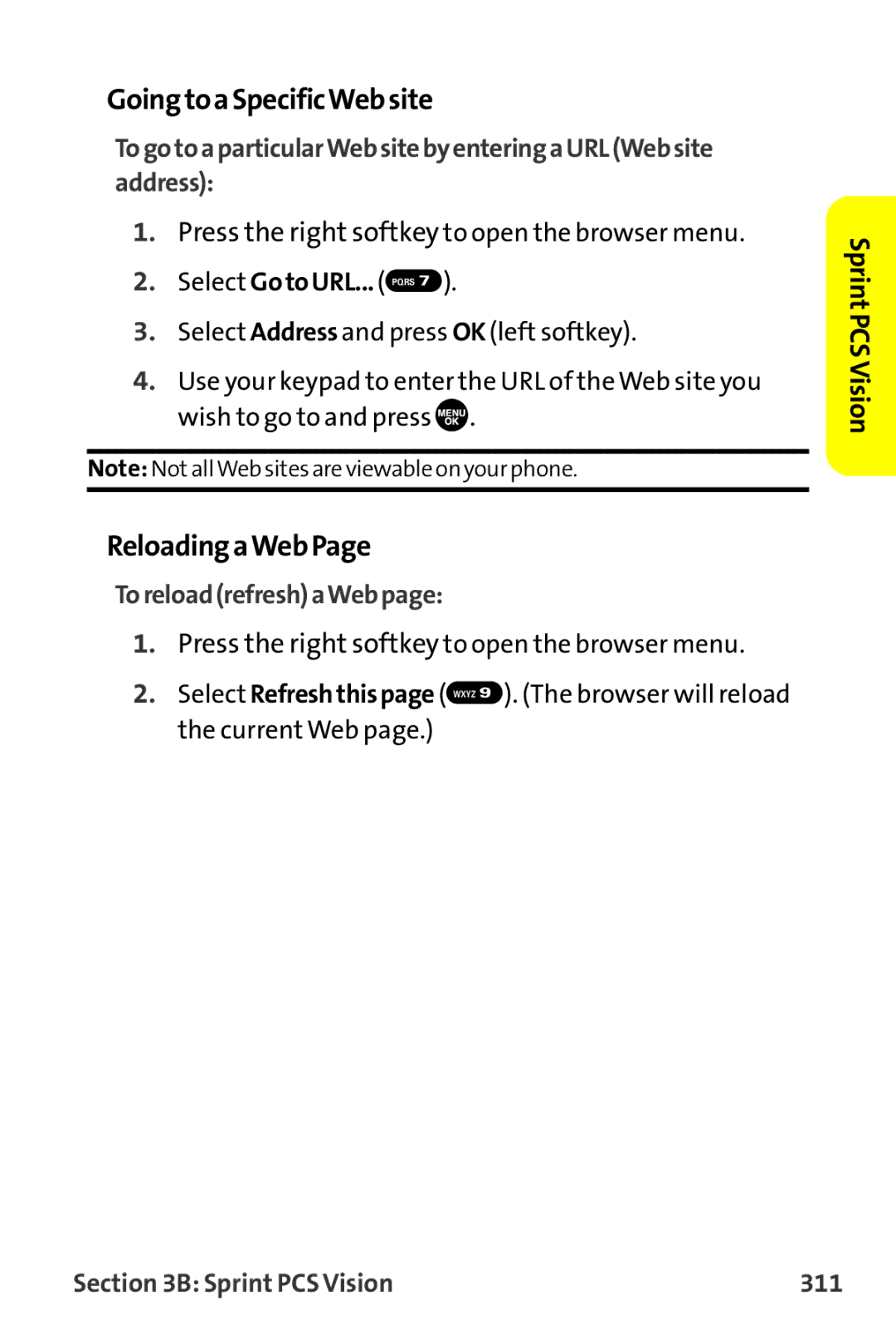 Sanyo MM-9000 manual GoingtoaSpecificWebsite, ReloadingaWebPage, ToreloadrefreshaWebpage, Sprint PCS Vision 311 