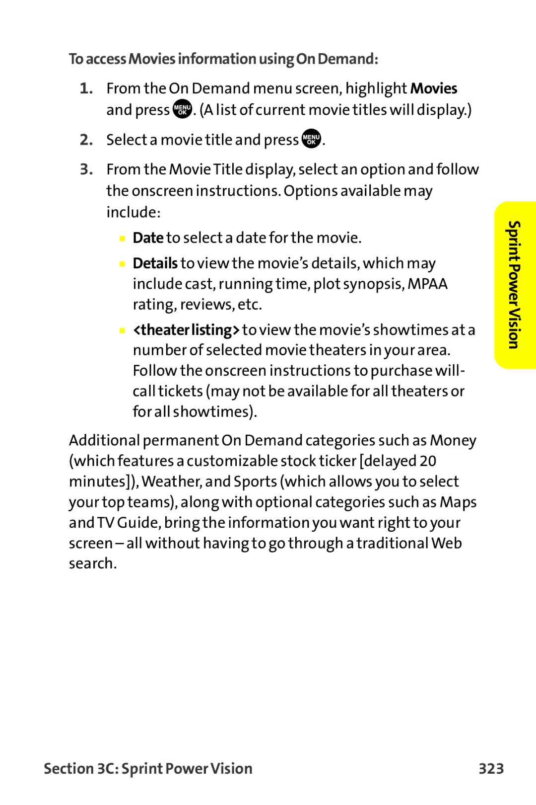 Sanyo MM-9000 manual ToaccessMoviesinformationusingOnDemand, Sprint Power Vision 323 