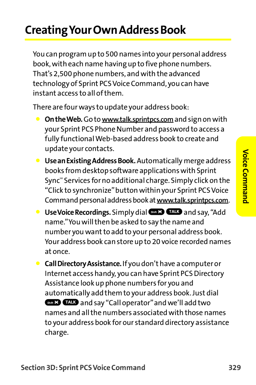 Sanyo MM-9000 manual CreatingYour Own Address Book, Sprint PCS Voice Command 329 