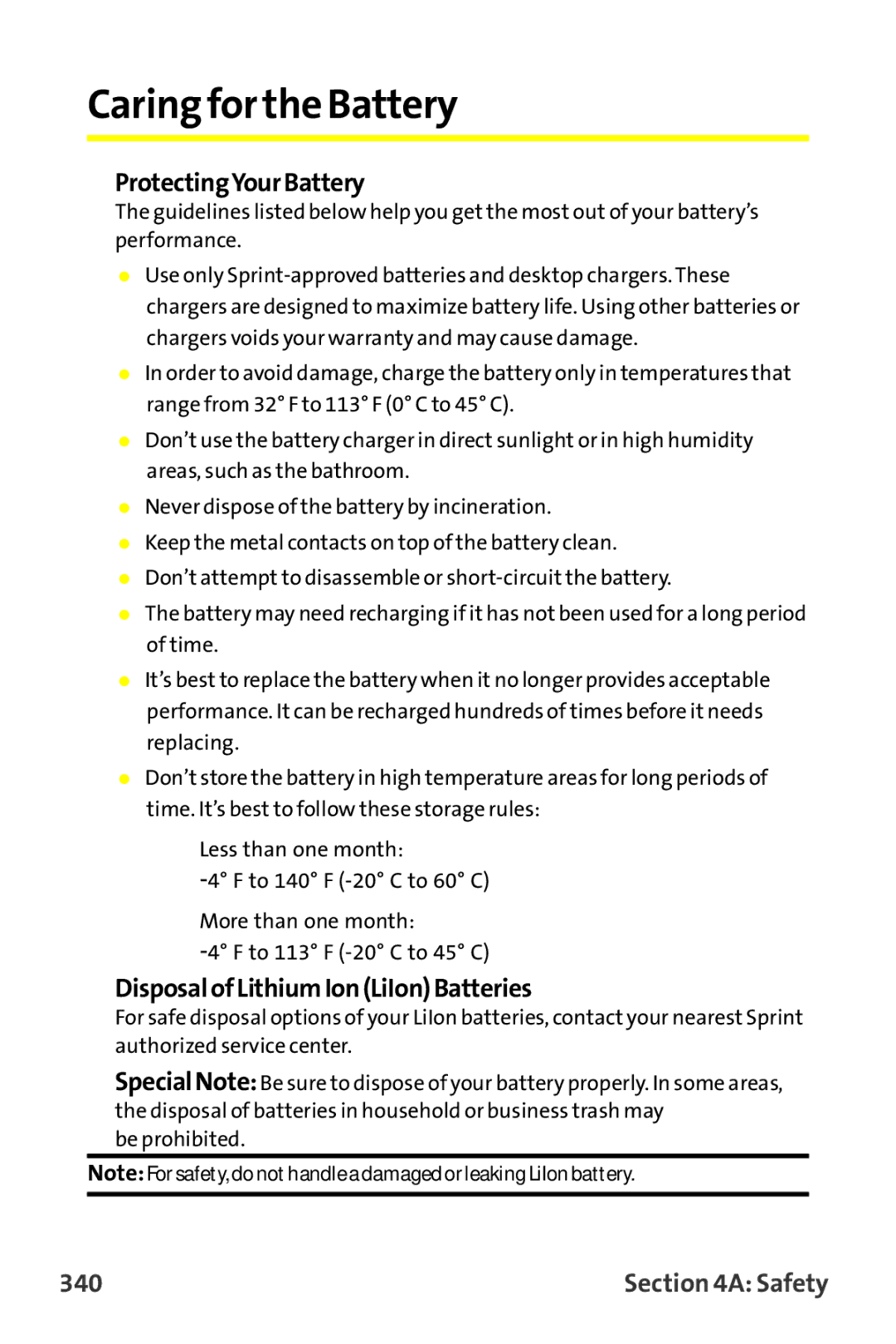 Sanyo MM-9000 manual Caring for the Battery, ProtectingYourBattery, DisposalofLithiumIonLiIonBatteries, 340 