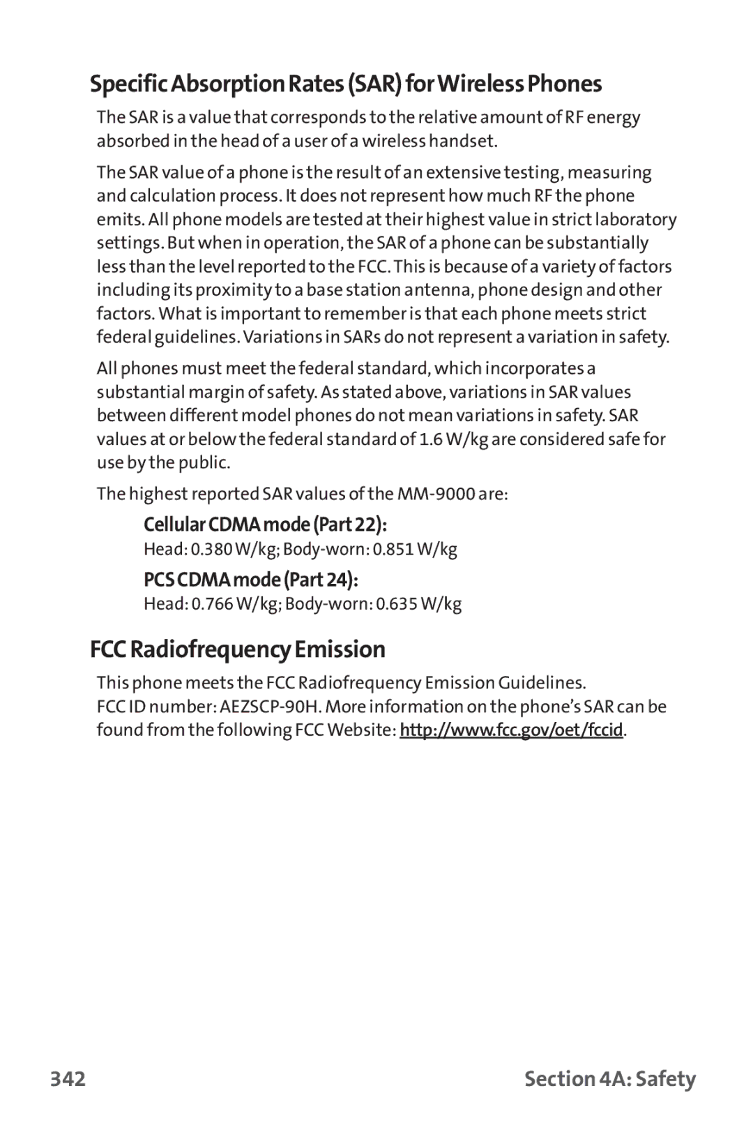 Sanyo MM-9000 manual SpecificAbsorptionRatesSARforWirelessPhones, FCCRadiofrequencyEmission, CellularCDMAmodePart22, 342 