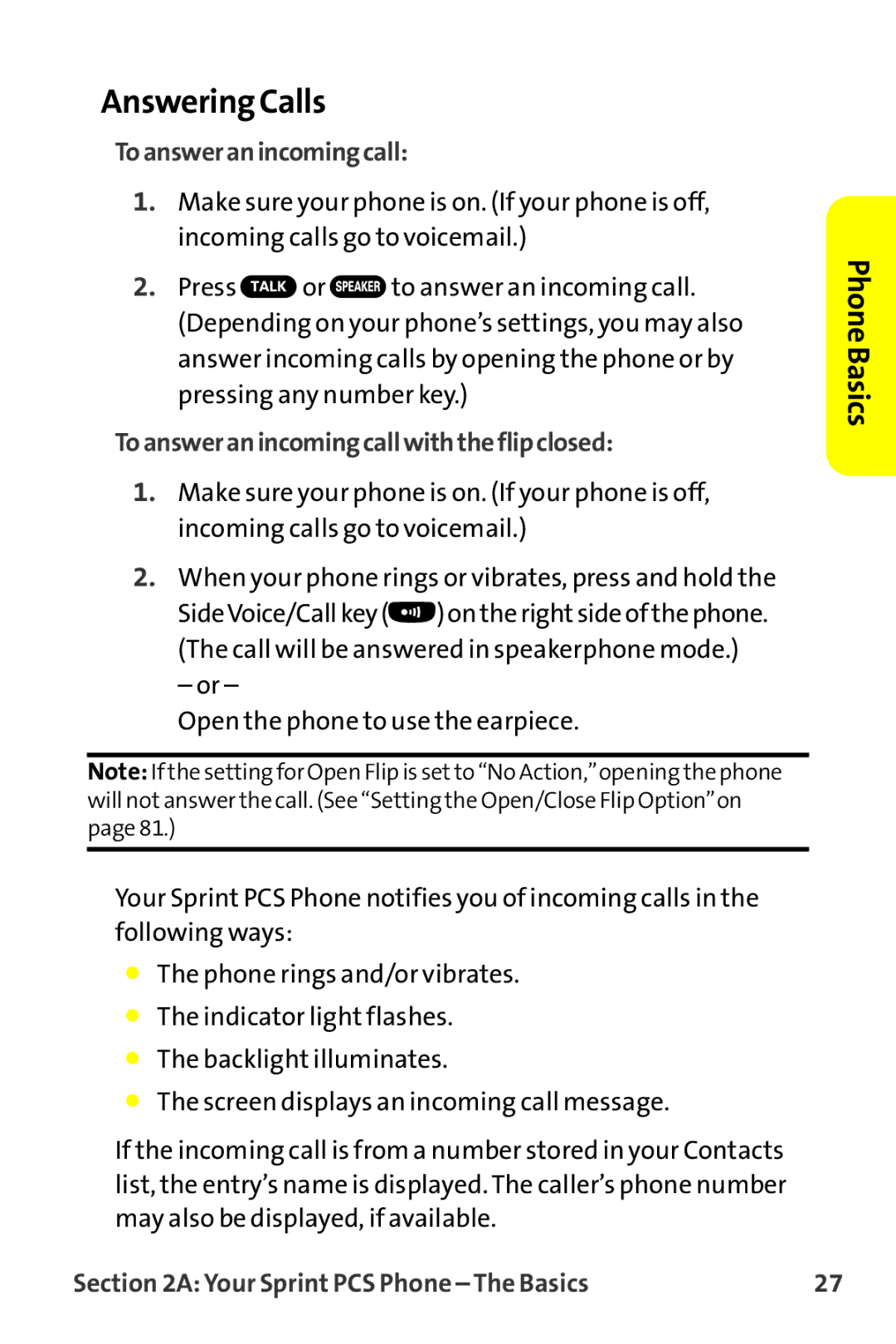 Sanyo MM-9000 manual Answering Calls, Toansweranincomingcallwiththeflipclosed 