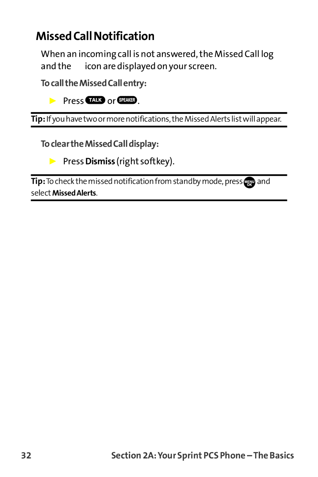 Sanyo MM-9000 manual Missed Call Notification, TocalltheMissedCallentry, TocleartheMissedCalldisplay 