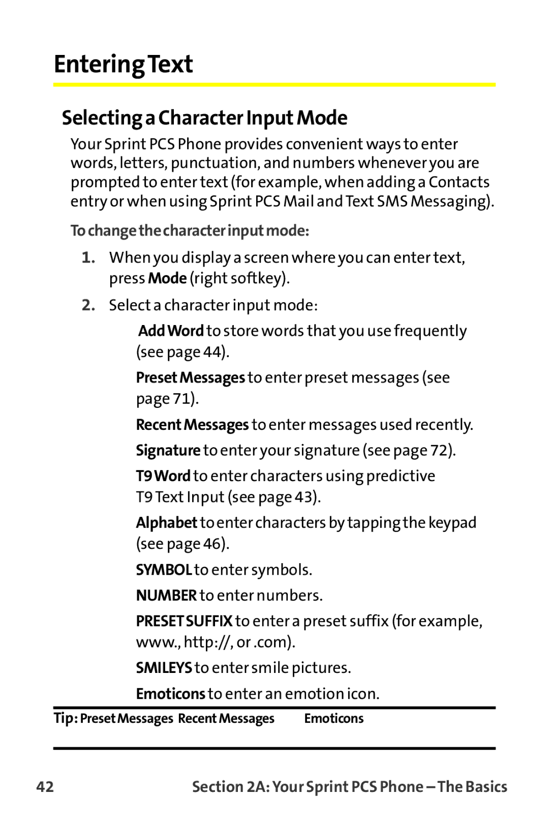 Sanyo MM-9000 manual EnteringText, Selecting a Character InputMode, Tochangethecharacterinputmode 