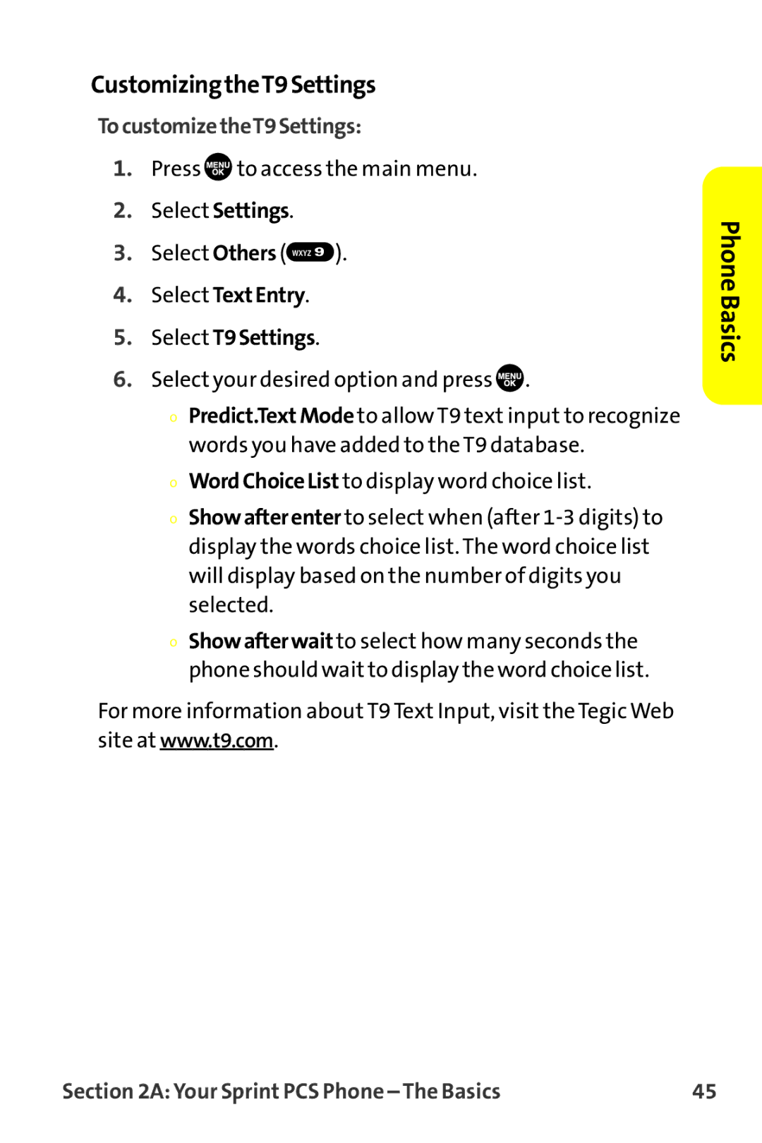 Sanyo MM-9000 manual CustomizingtheT9Settings, TocustomizetheT9Settings, Select TextEntry Select T9Settings 