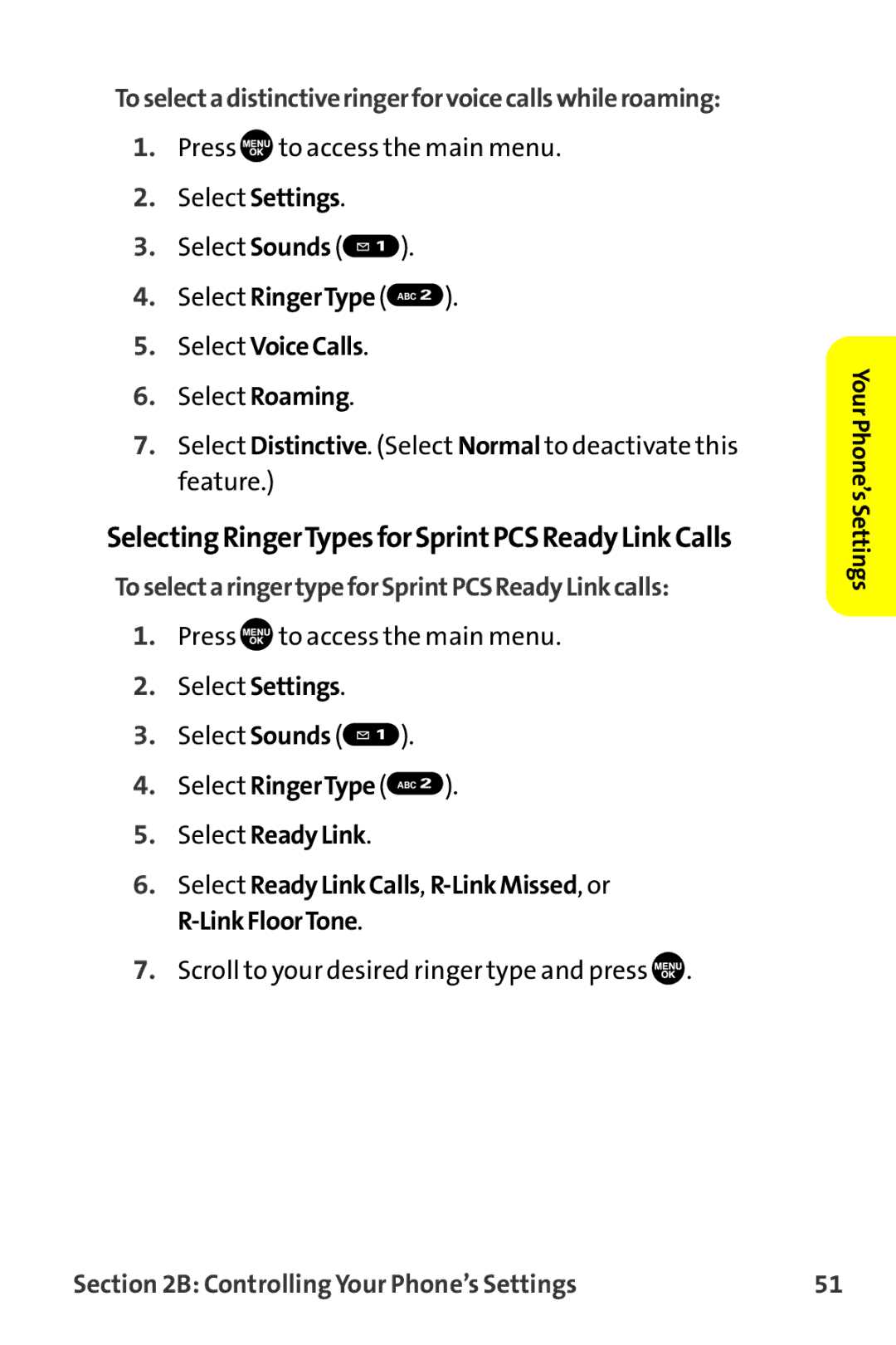 Sanyo MM-9000 manual SelectingRingerTypesforSprintPCSReadyLinkCalls, Toselectadistinctiveringerforvoicecallswhileroaming 