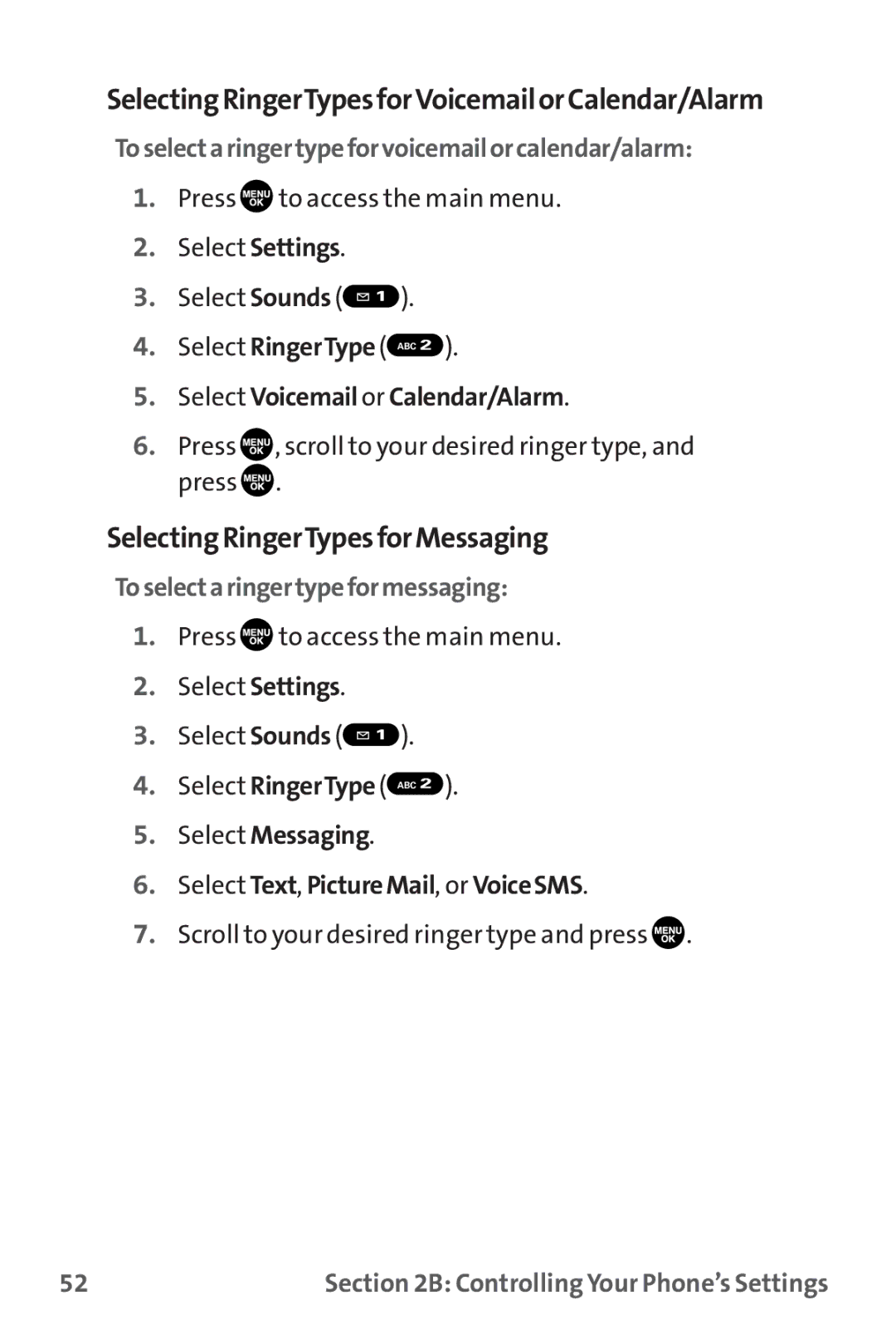 Sanyo MM-9000 manual SelectingRingerTypesforVoicemailorCalendar/Alarm, SelectingRingerTypesforMessaging 