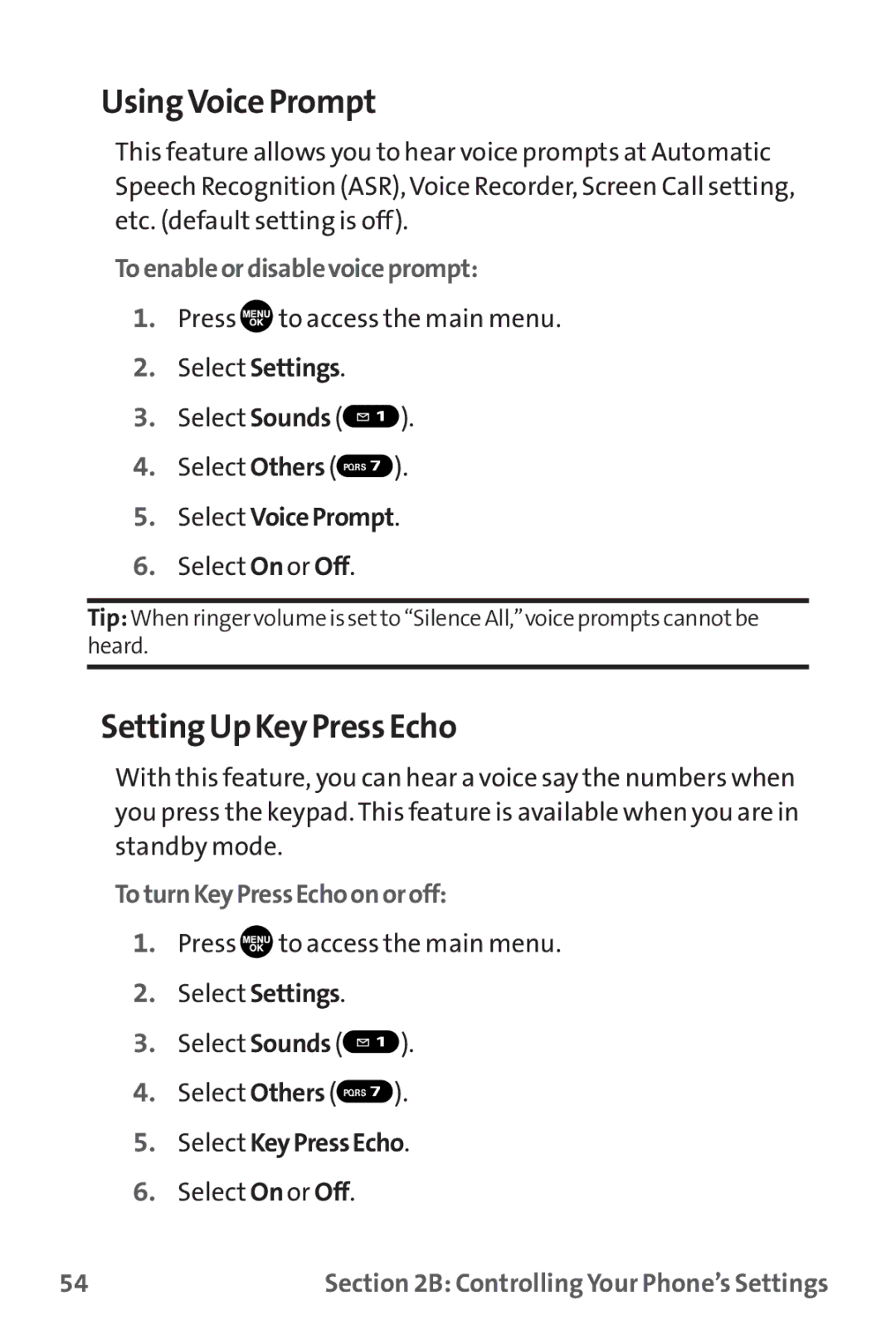 Sanyo MM-9000 manual Using Voice Prompt, Setting Up Key Press Echo, Toenableordisablevoiceprompt, ToturnKeyPressEchoonoroff 