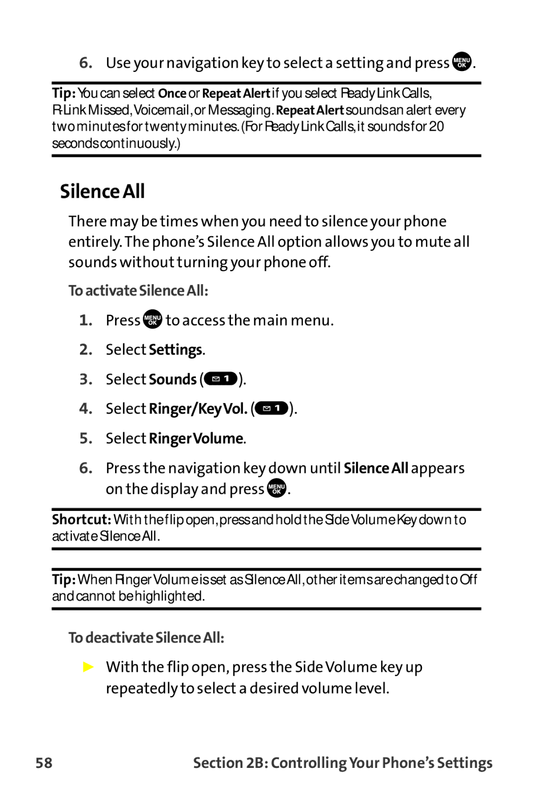 Sanyo MM-9000 manual Silence All, ToactivateSilenceAll, Select Ringer/KeyVol Select RingerVolume, TodeactivateSilenceAll 