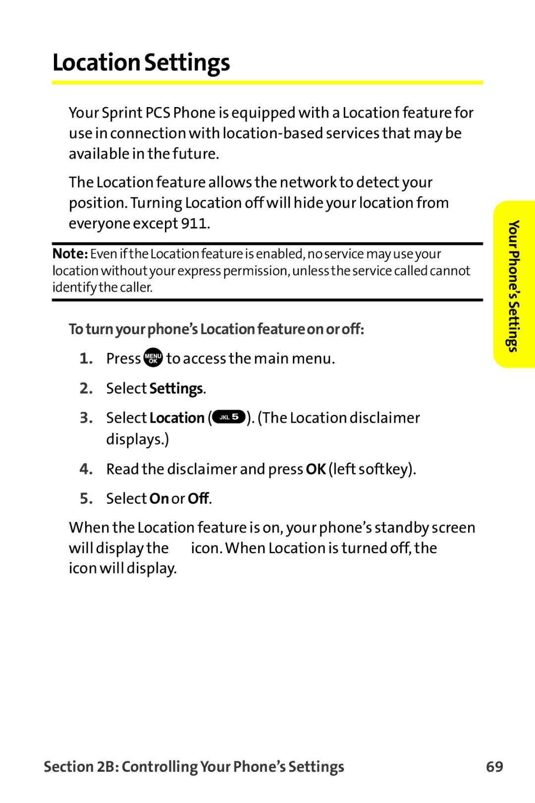 Sanyo MM-9000 manual Location Settings, Toturnyourphone’sLocationfeatureonoroff 