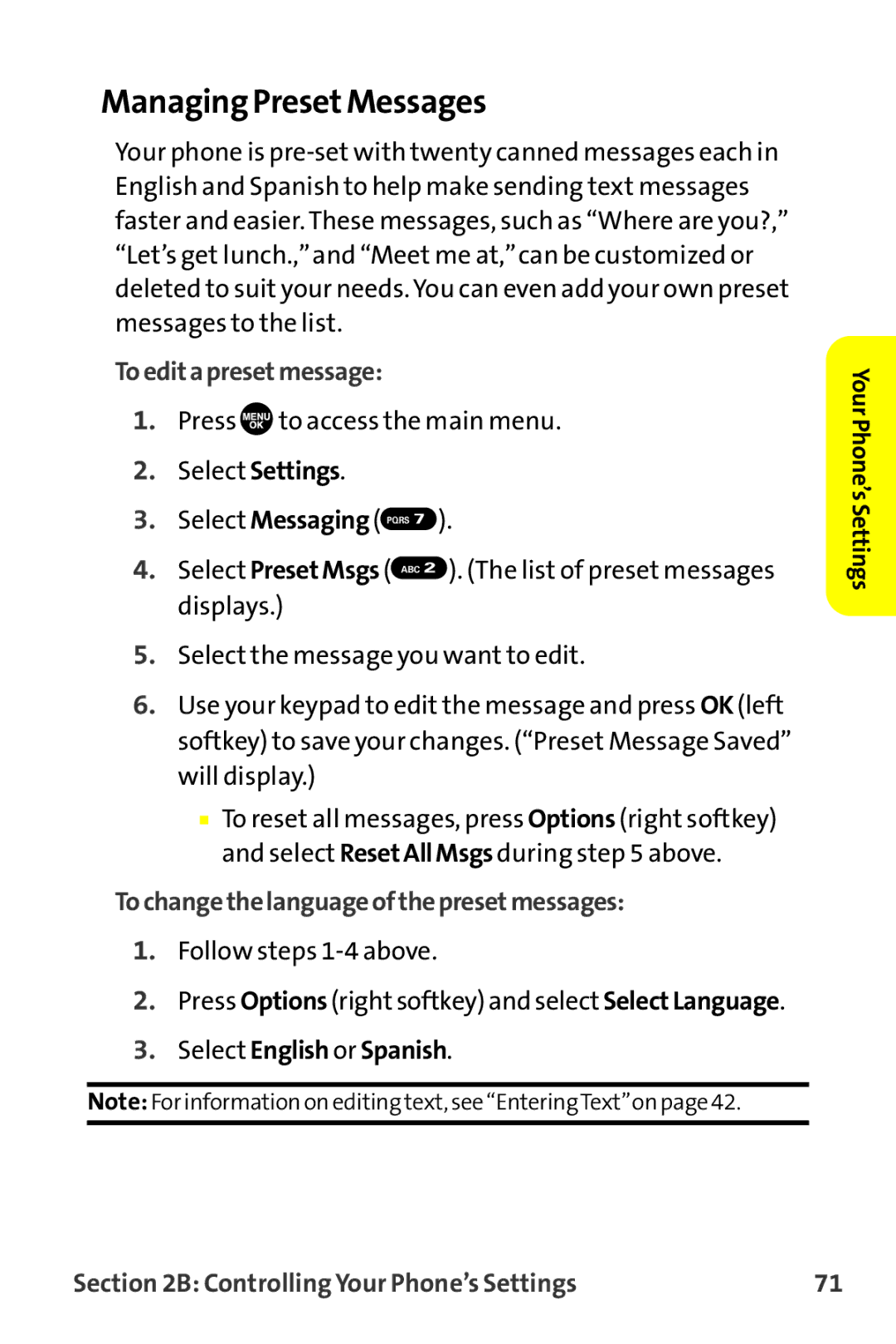 Sanyo MM-9000 manual Managing PresetMessages, Toeditapresetmessage, Tochangethelanguageofthepresetmessages 