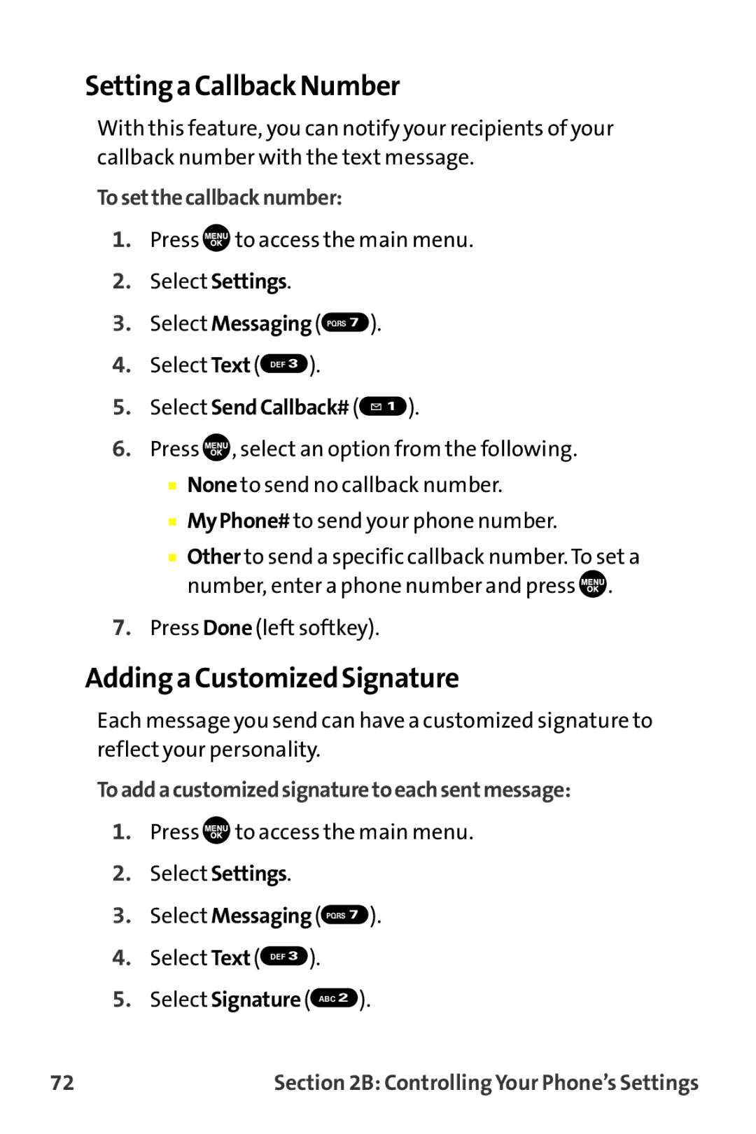 Sanyo MM-9000 manual Setting a Callback Number, Adding a Customized Signature, Tosetthecallbacknumber, Select SendCallback# 