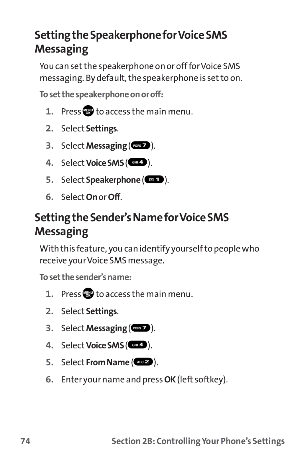 Sanyo MM-9000 manual Setting the Speakerphone forVoice SMS Messaging, Setting the Sender’s Name forVoice SMS Messaging 