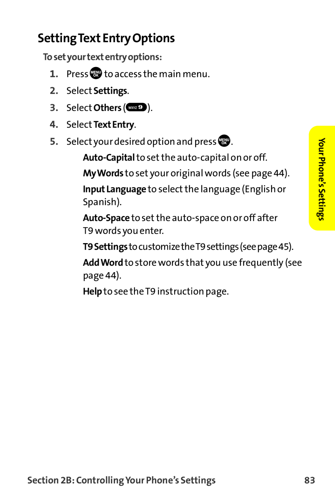 Sanyo MM-9000 manual SettingTextEntry Options, Tosetyourtextentryoptions 