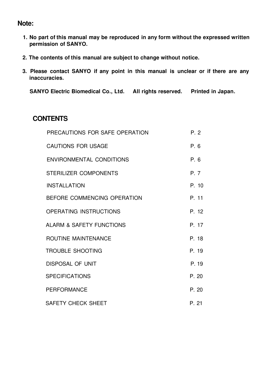 Sanyo MOV-212S, MOV-112S instruction manual Contents 