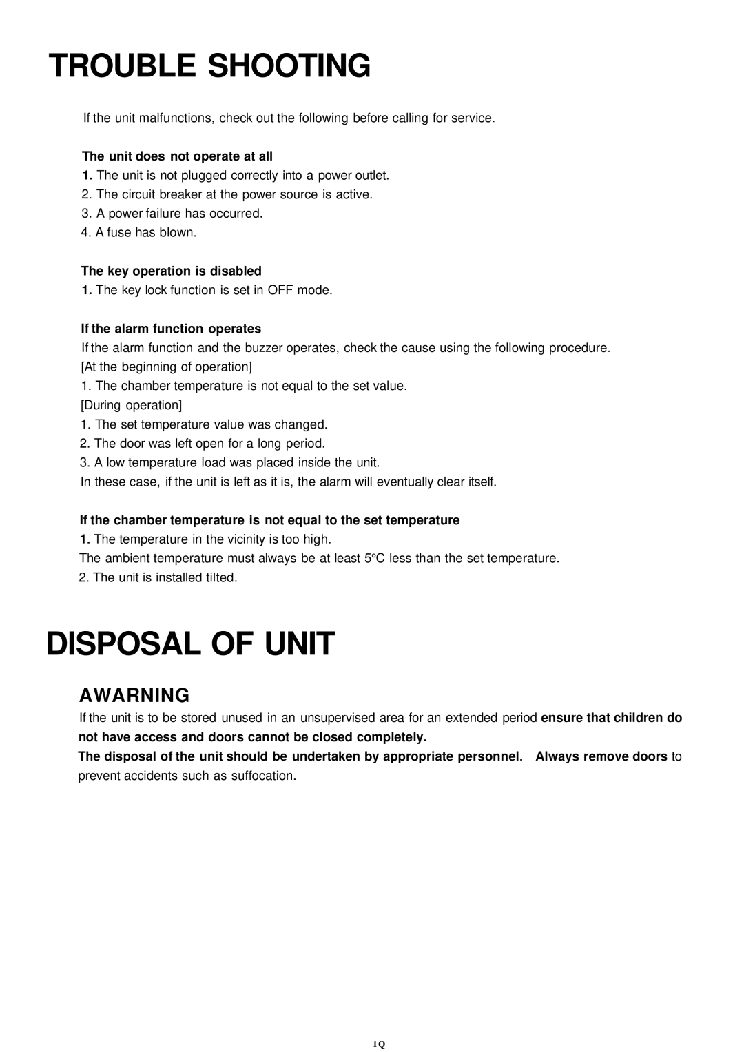 Sanyo MOV-212S, MOV-112S Trouble Shooting, Disposal of Unit, Unit does not operate at all, Key operation is disabled 