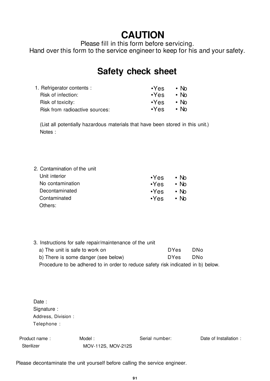 Sanyo MOV-212S, MOV-112S instruction manual Safety check sheet 