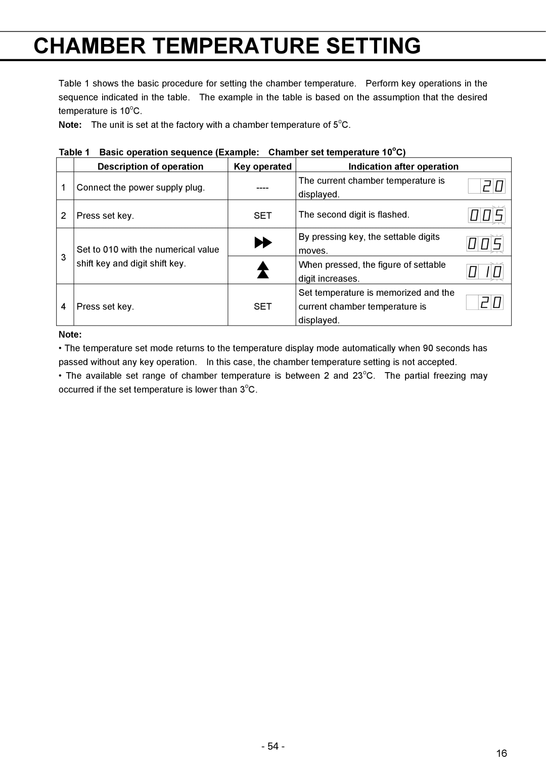 Sanyo MPR-1411R instruction manual Chamber Temperature Setting 