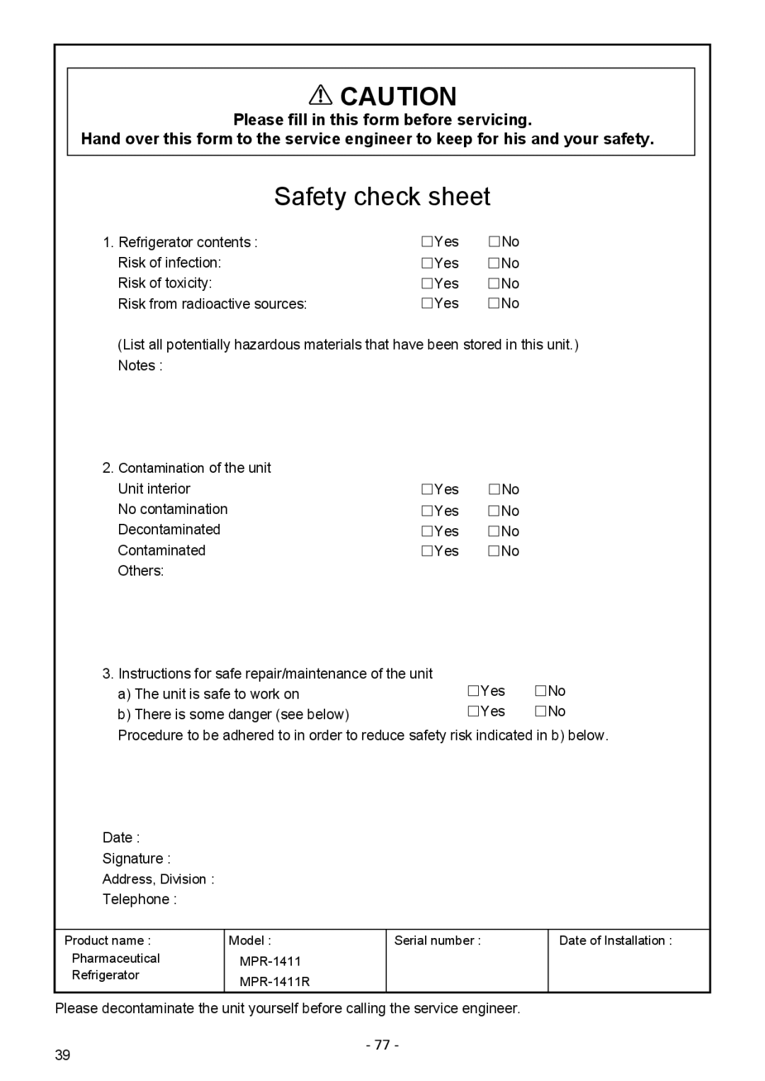 Sanyo MPR-1411R instruction manual Safety check sheet 