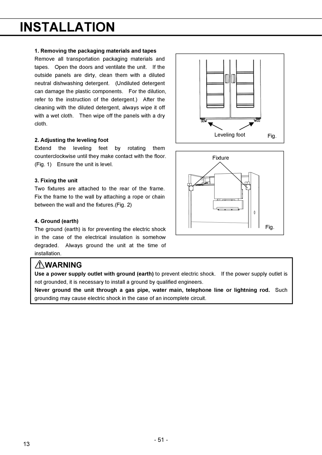 Sanyo MPR-1411R instruction manual Installation, Adjusting the leveling foot, Fixing the unit, Ground earth 