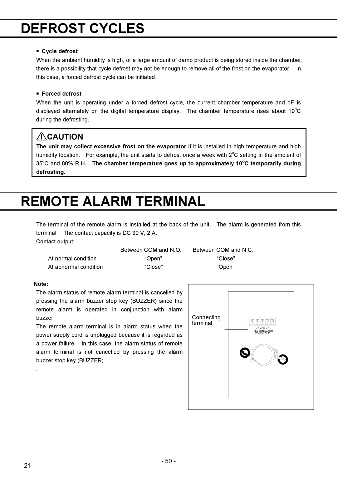 Sanyo MPR-1411R instruction manual Defrost Cycles, Remote Alarm Terminal, 㩵 Cycle defrost, 㩵 Forced defrost, defrosting 