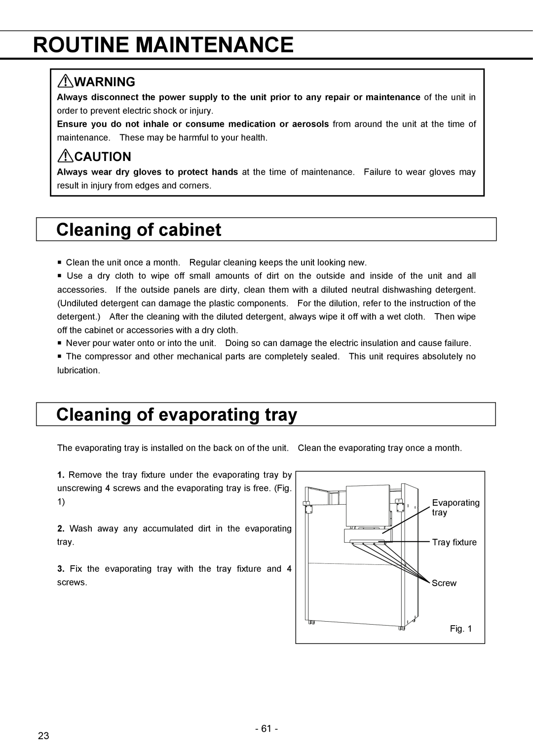 Sanyo MPR-1411R instruction manual Routine Maintenance, Cleaning of cabinet, Cleaning of evaporating tray 