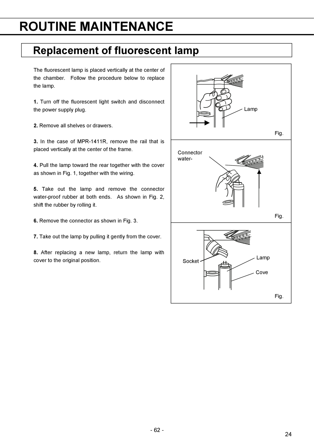 Sanyo MPR-1411R instruction manual Replacement of fluorescent lamp, Routine Maintenance 