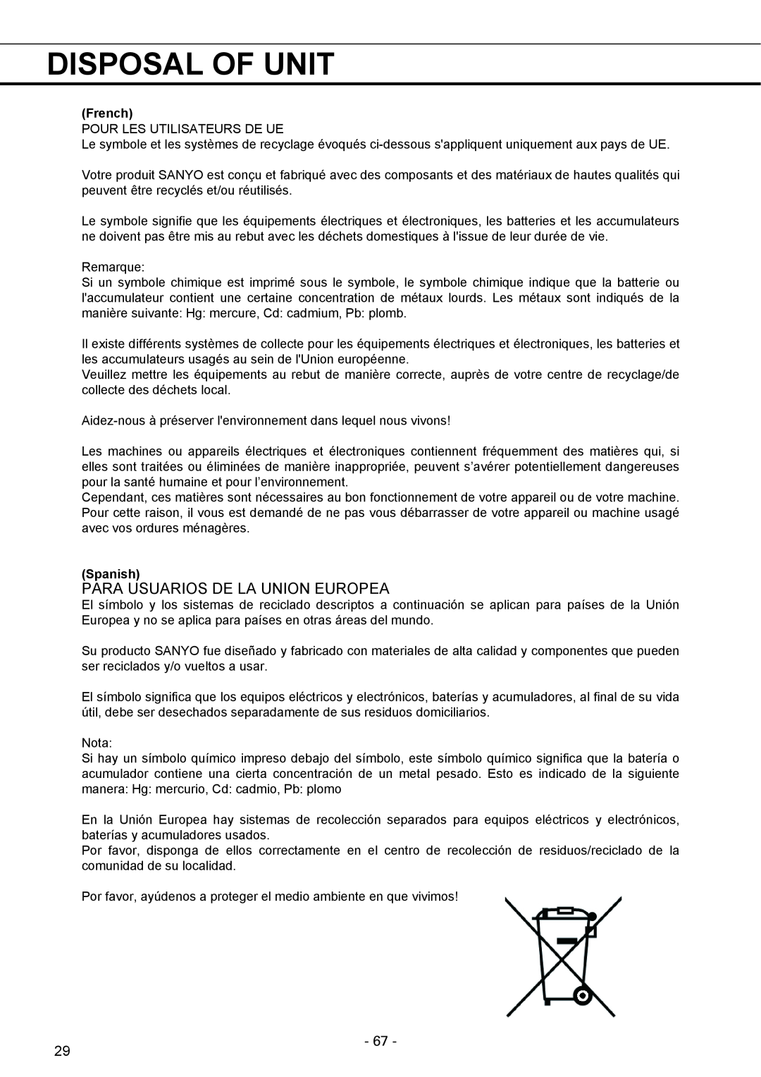 Sanyo MPR-1411R instruction manual Disposal Of Unit, Para Usuarios De La Union Europea, French, Spanish 
