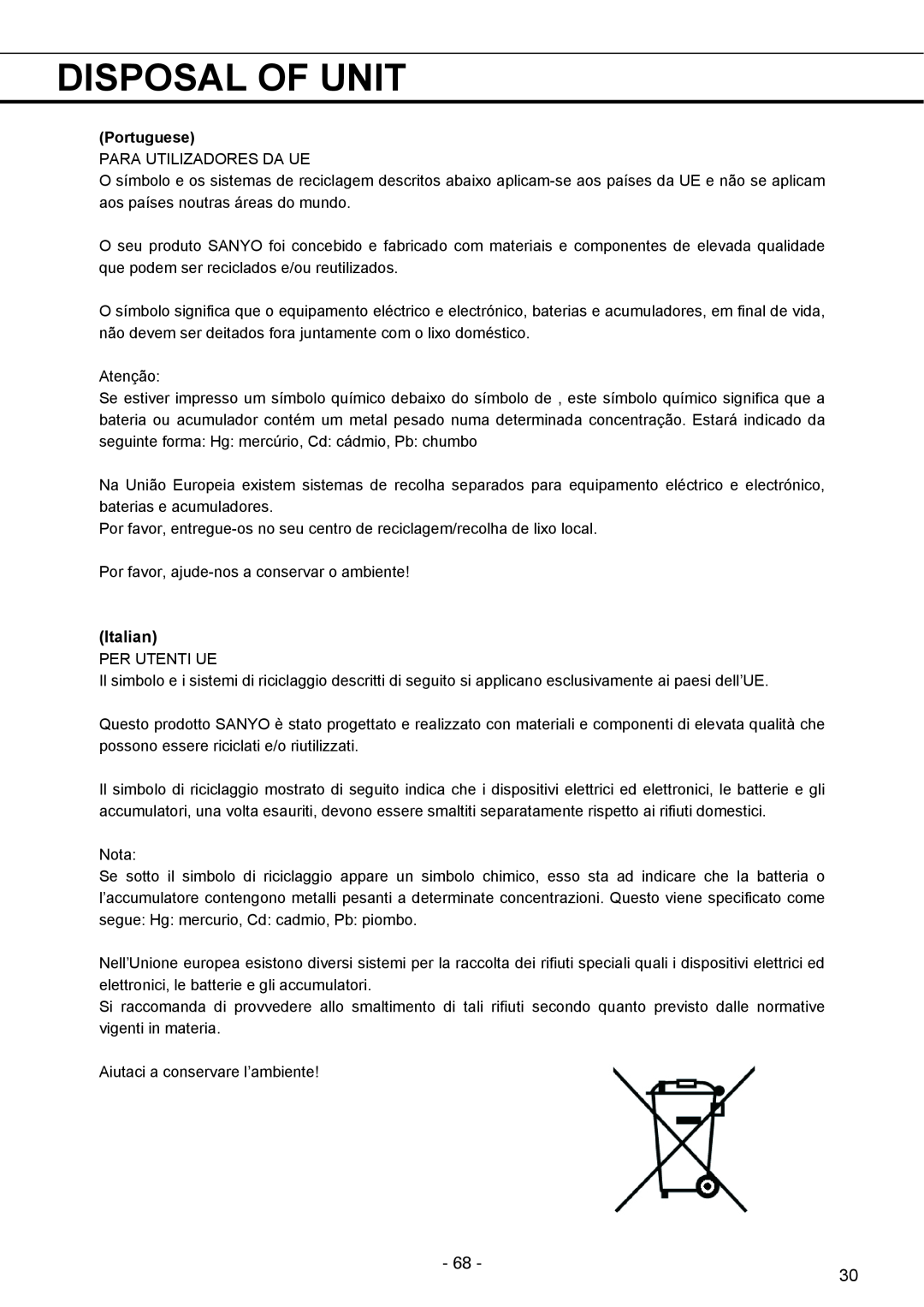 Sanyo MPR-1411R instruction manual Disposal Of Unit, Italian, Portuguese 