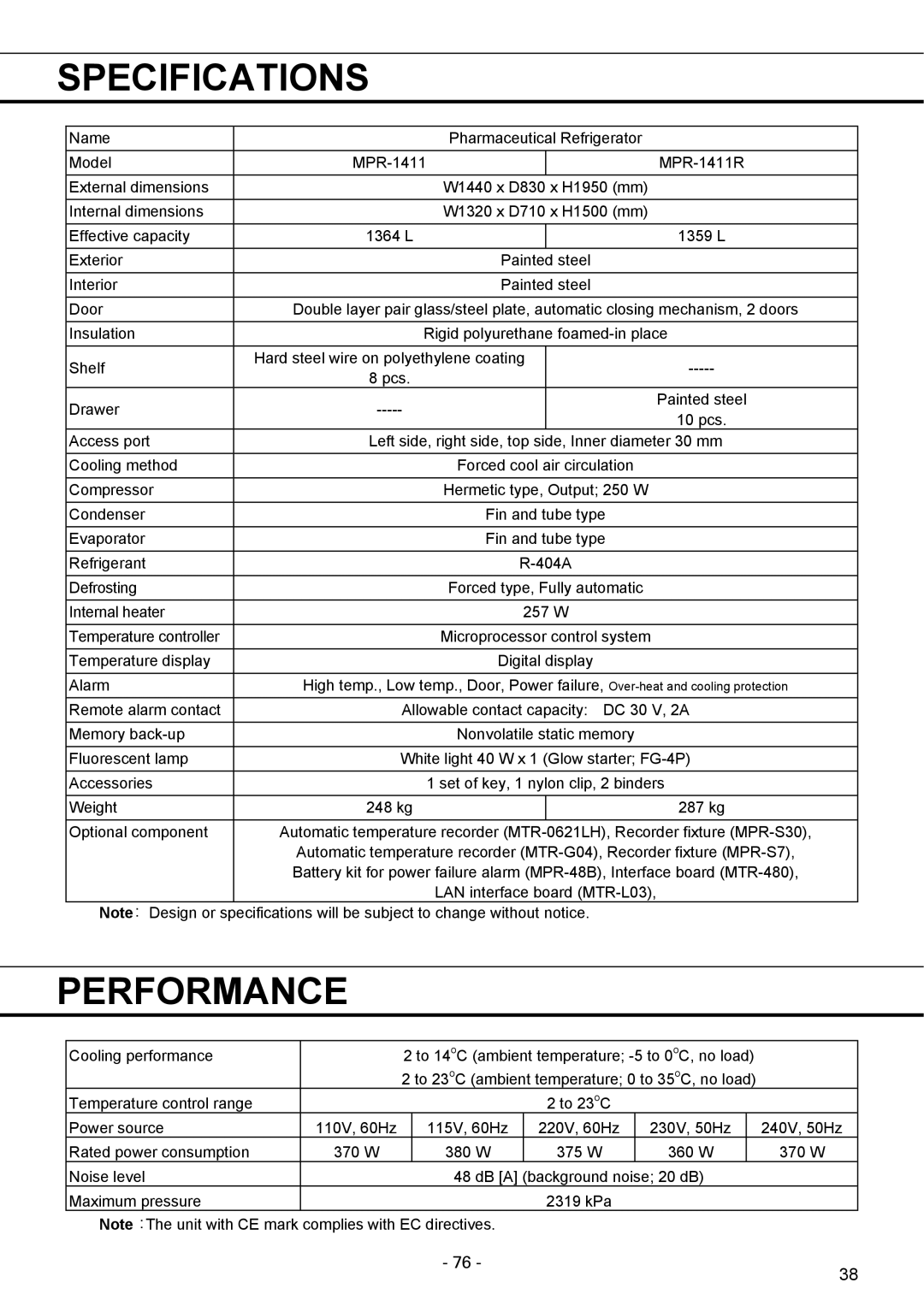 Sanyo MPR-1411R instruction manual Specifications, Performance 