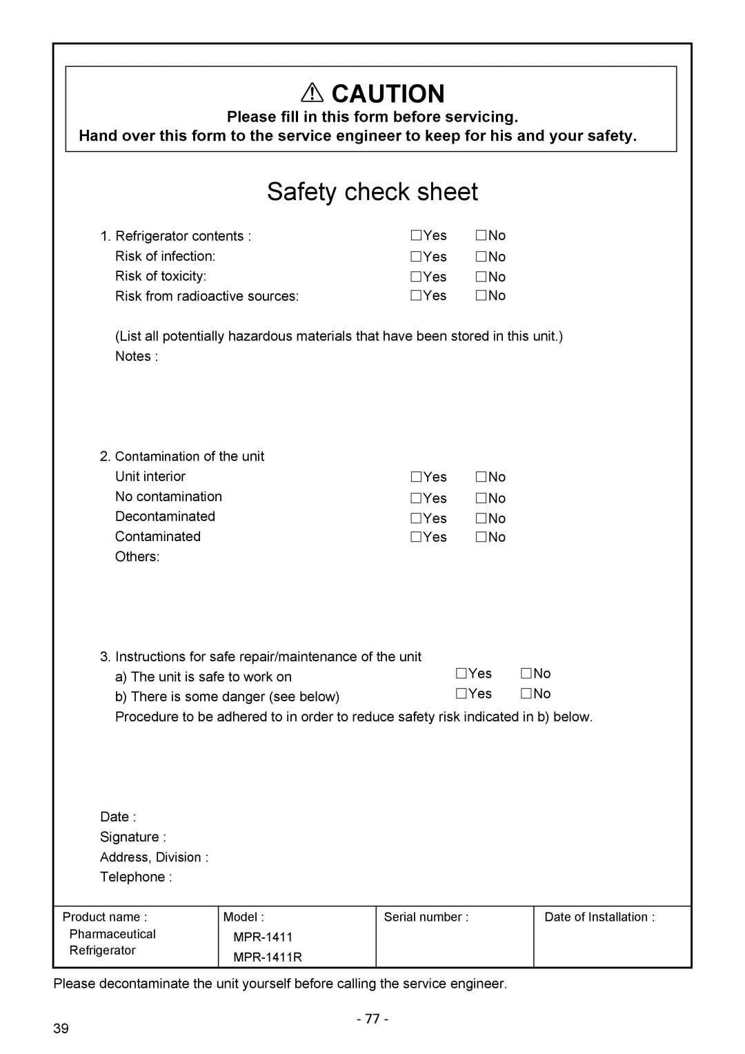 Sanyo MPR-1411R instruction manual Safety check sheet, Please fill in this form before servicing 