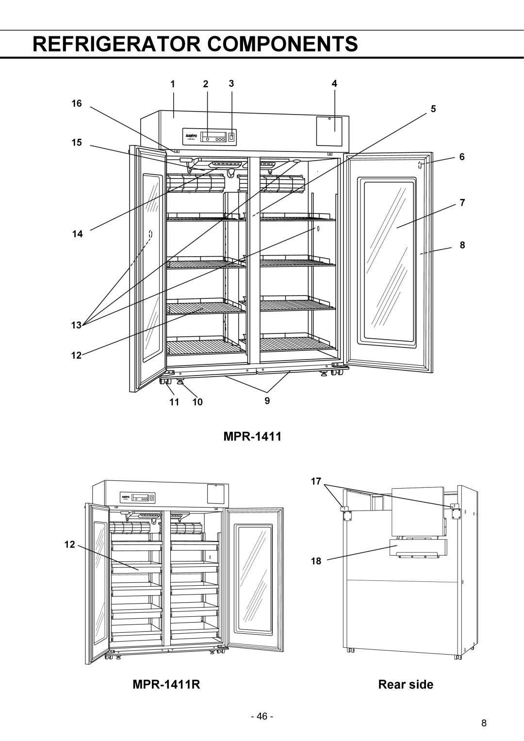 Sanyo MPR-1411R instruction manual Refrigerator Components, Rear side 