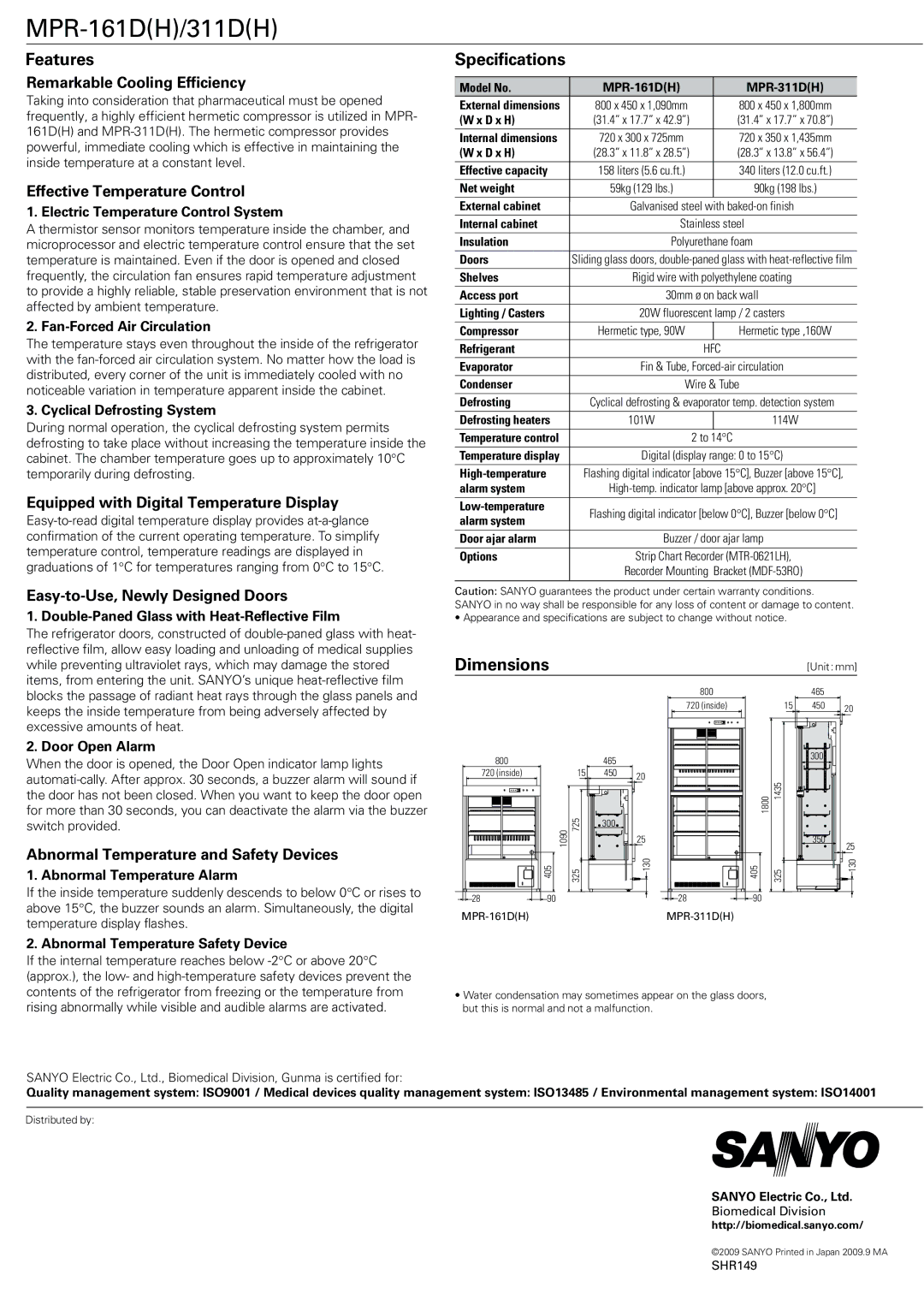 Sanyo MPR-161D(H) manual Features, Specifications, Dimensions 