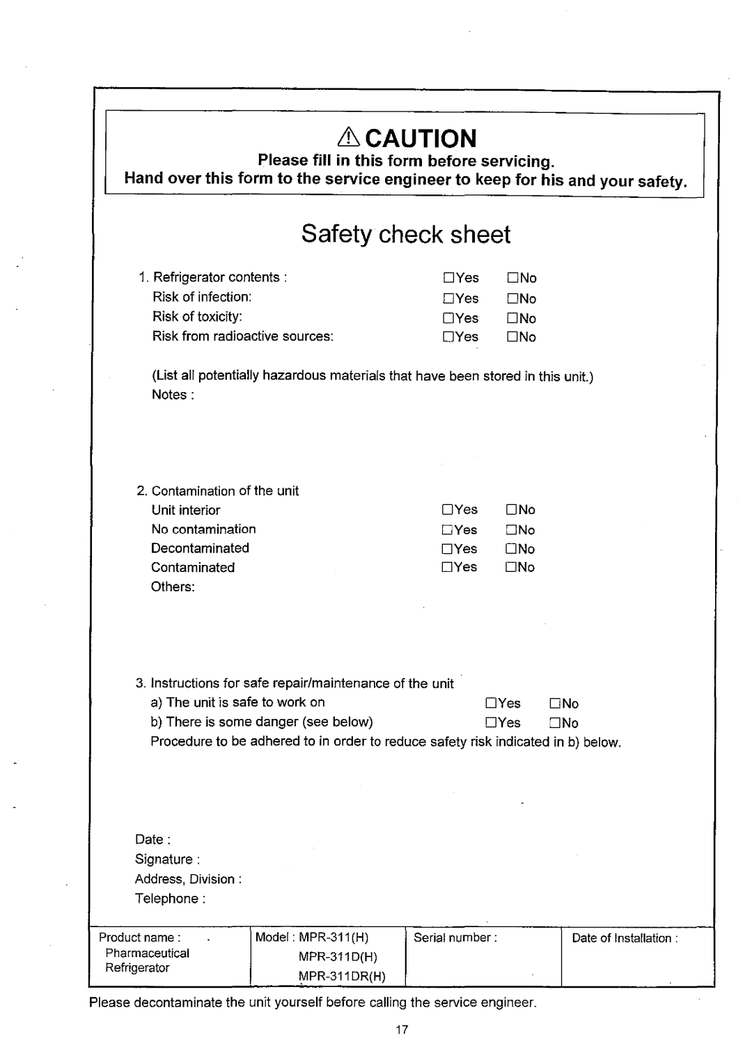 Sanyo MPR-311D(H) instruction manual Safety check sheet 