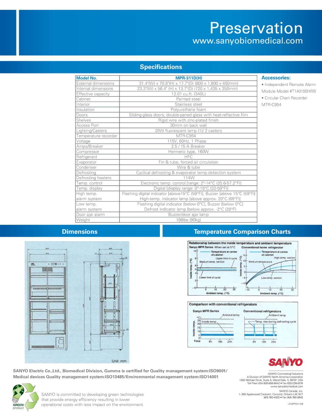 Sanyo MPR-311D(H) manual Specifications, Dimensions Temperature Comparison Charts, Accessories 