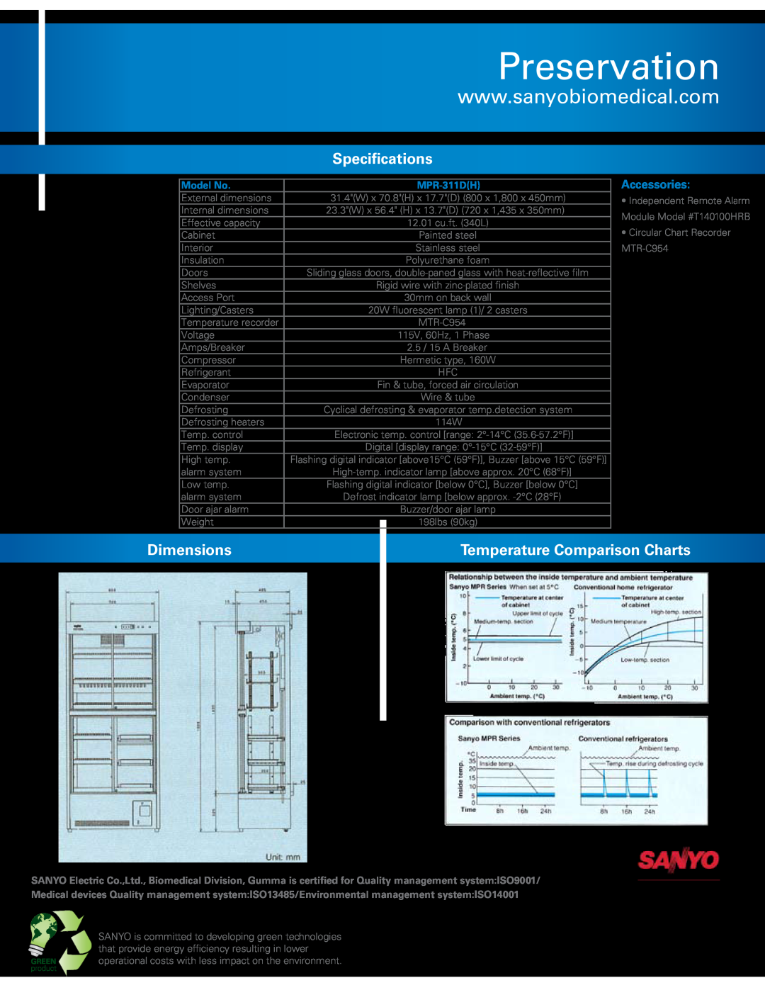 Sanyo MPR-311D(H) manual Accessories, Preservation, Specifications, Dimensions, Temperature Comparison Charts, Model No 