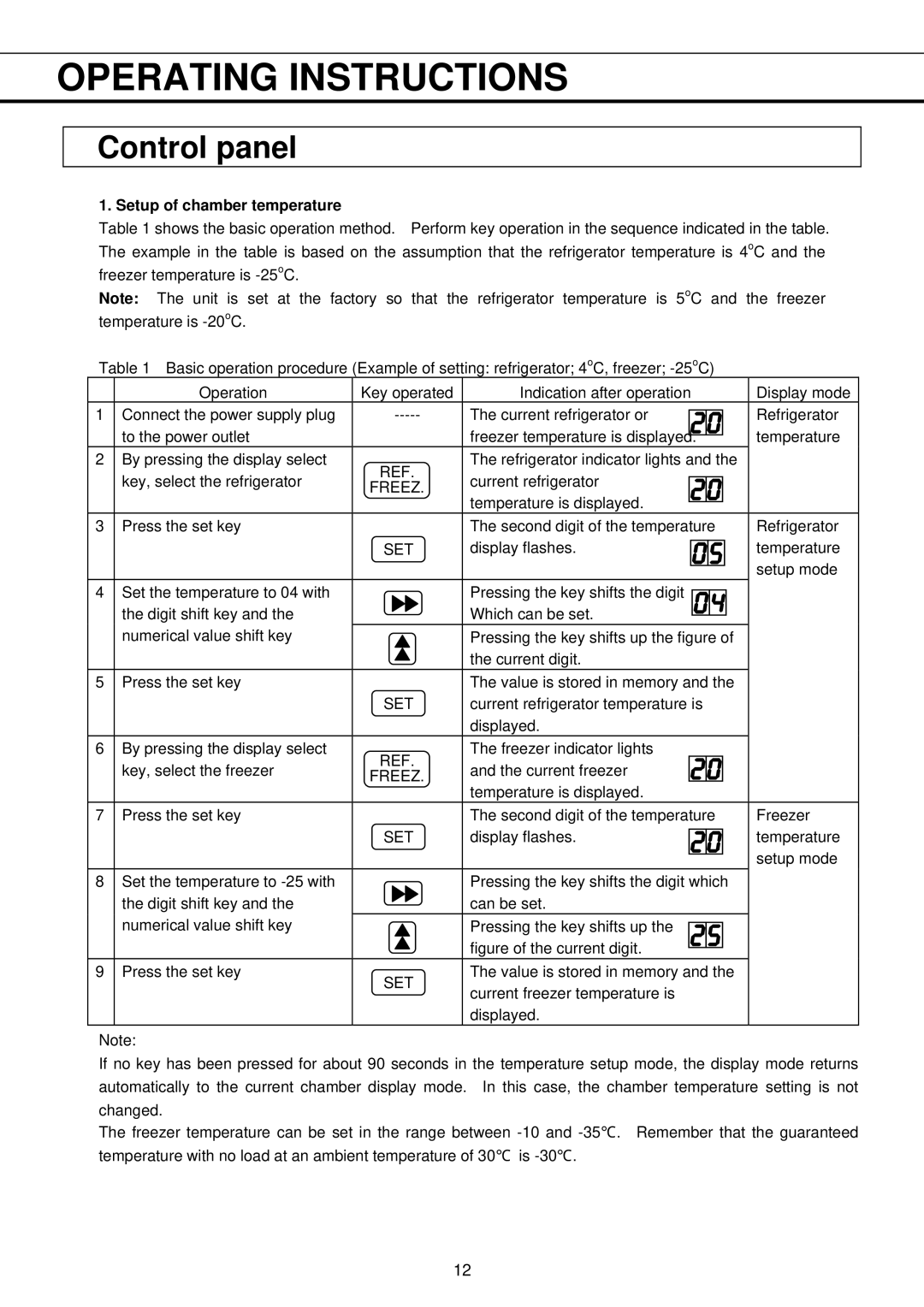 Sanyo MPR-411FR instruction manual Operating Instructions, Setup of chamber temperature 