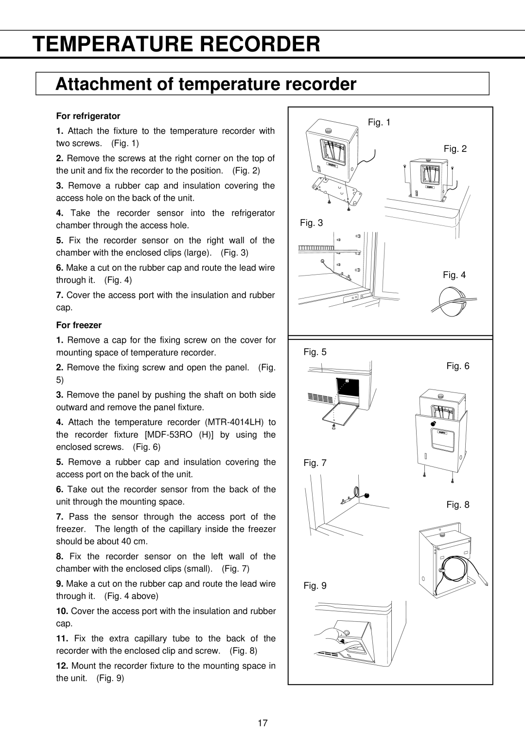 Sanyo MPR-411FR instruction manual Attachment of temperature recorder, For refrigerator, For freezer 