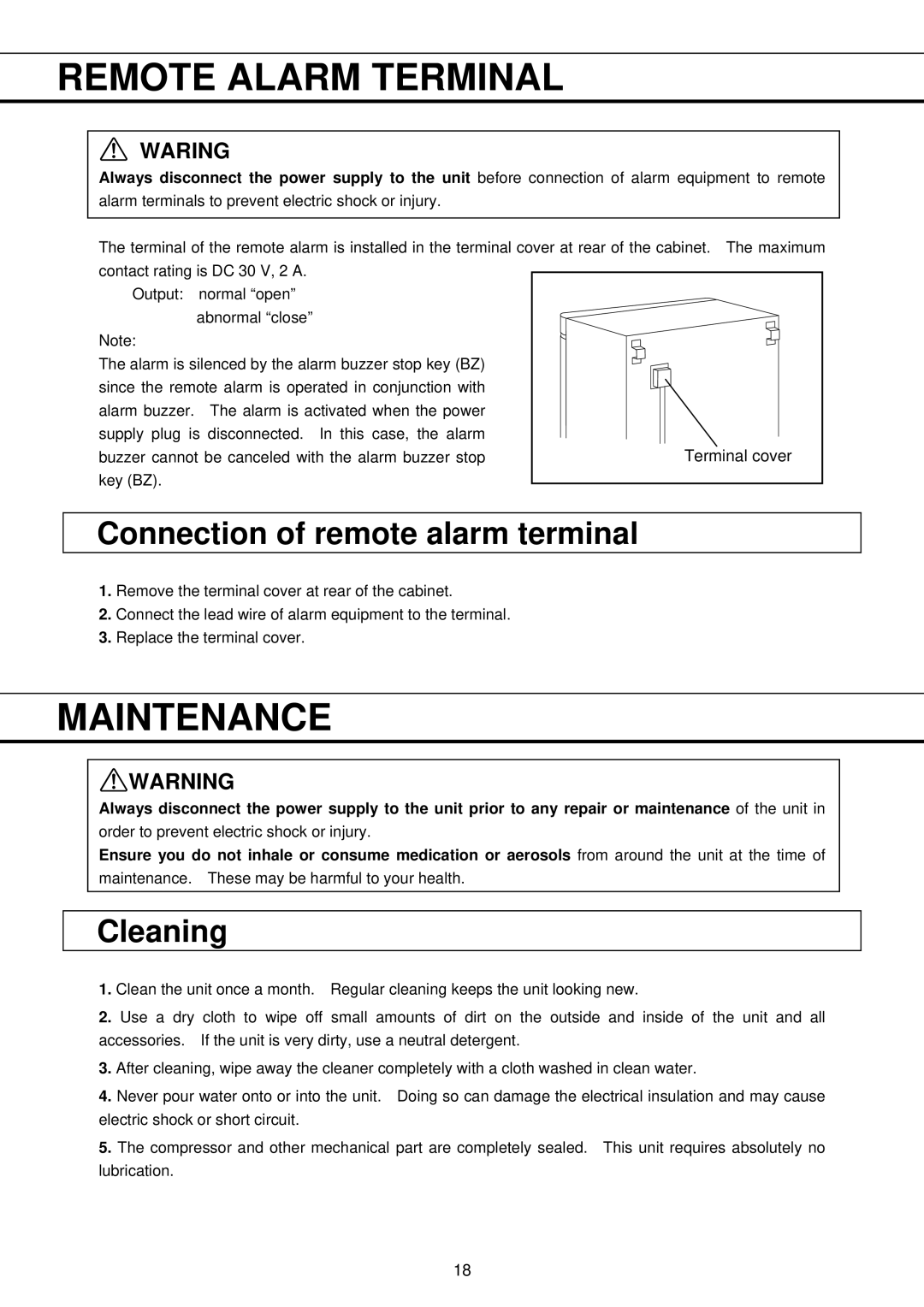 Sanyo MPR-411FR instruction manual Remote Alarm Terminal, Maintenance, Connection of remote alarm terminal, Cleaning 