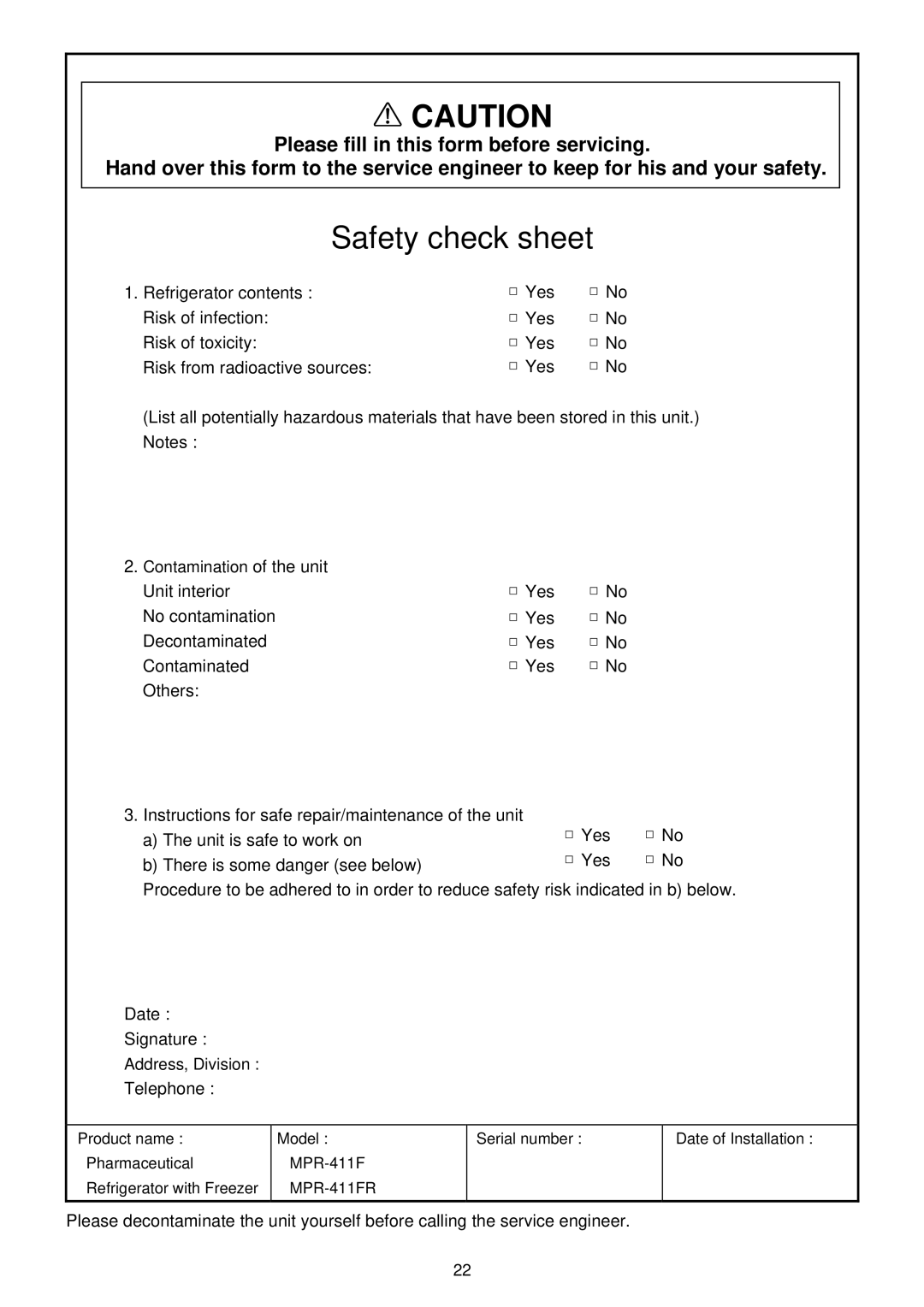 Sanyo MPR-411FR instruction manual Safety check sheet 